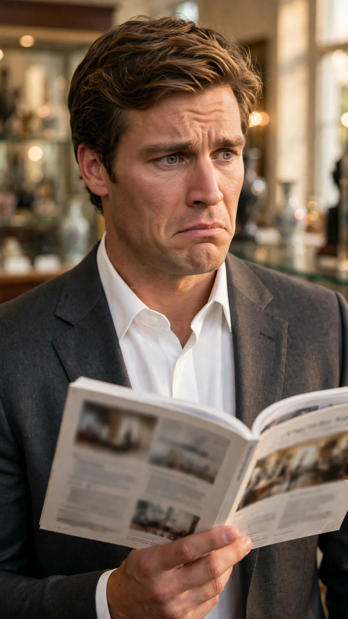 Close shot of a tall blond man freezing over an open catalog, jaw tight.