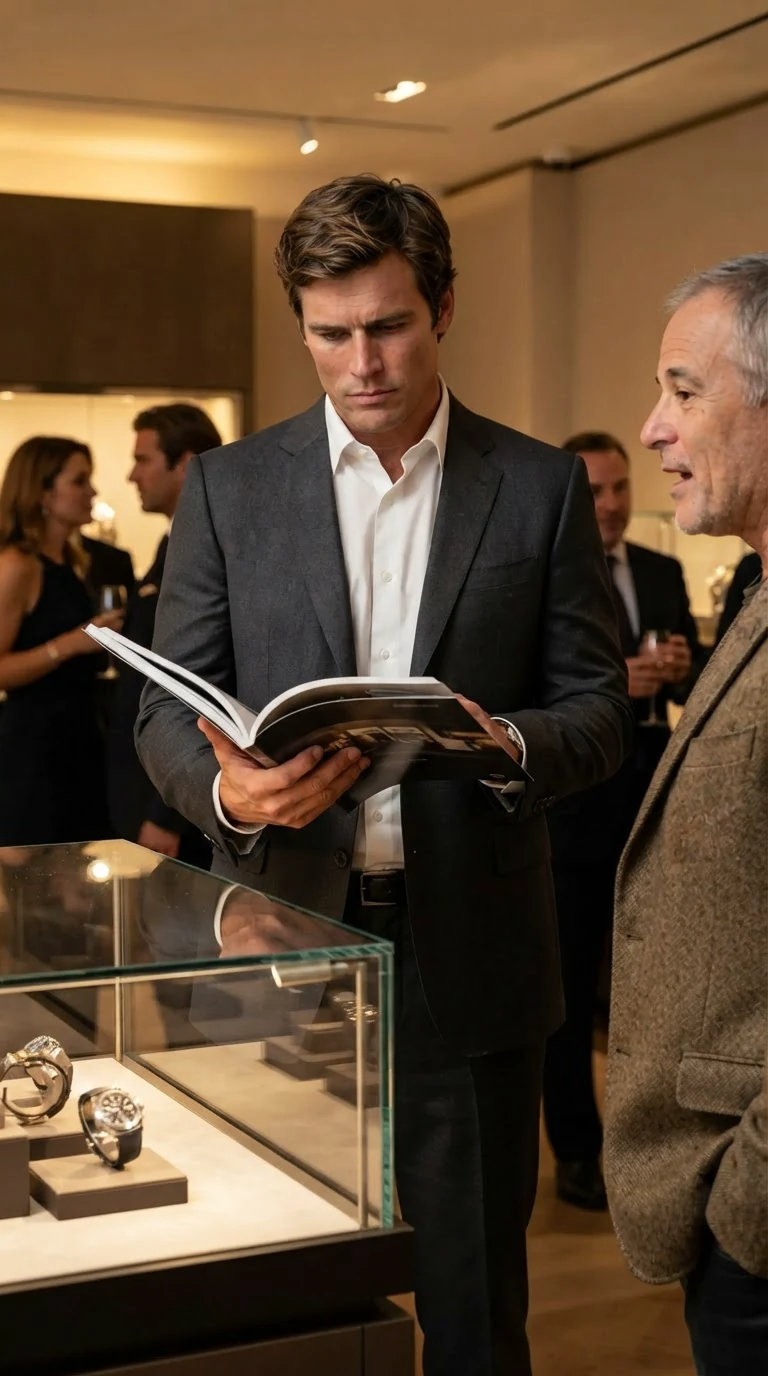 The blond man stares down at his catalog, brow tight, while the tweed collector speaks at the frame edge.