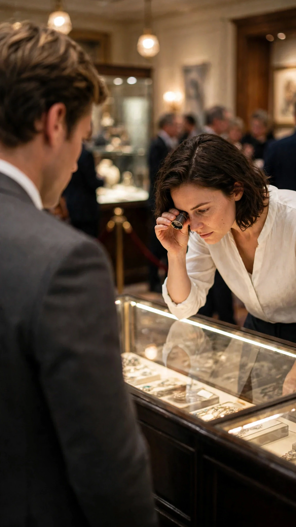Across a warm auction gallery, a dark-haired woman bends over a lit display case with a loupe.