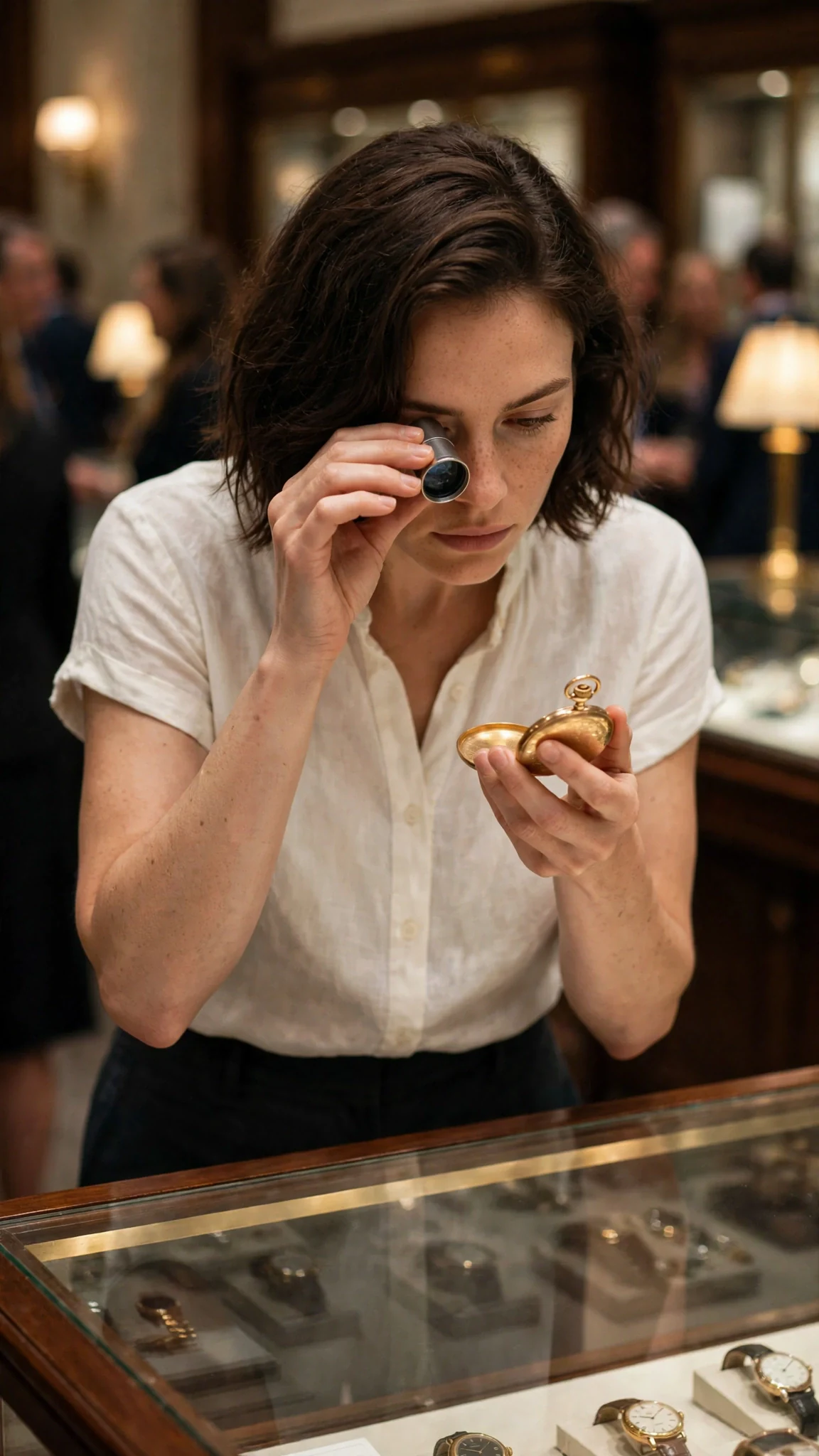 Isla examines a gold pocket watch through a loupe under warm case lights.