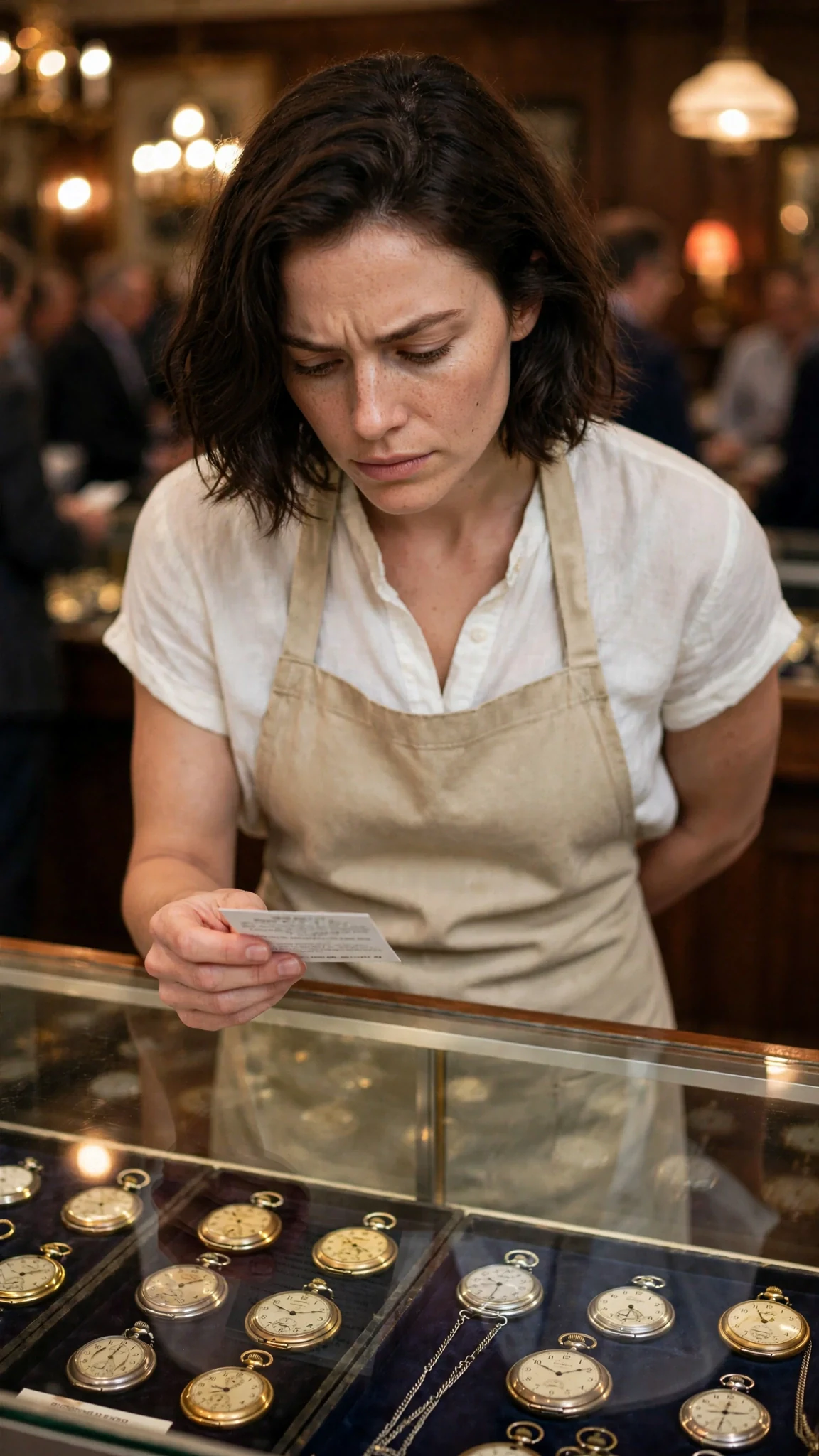 Isla frowns over a small card in a display case, one hand behind her back.