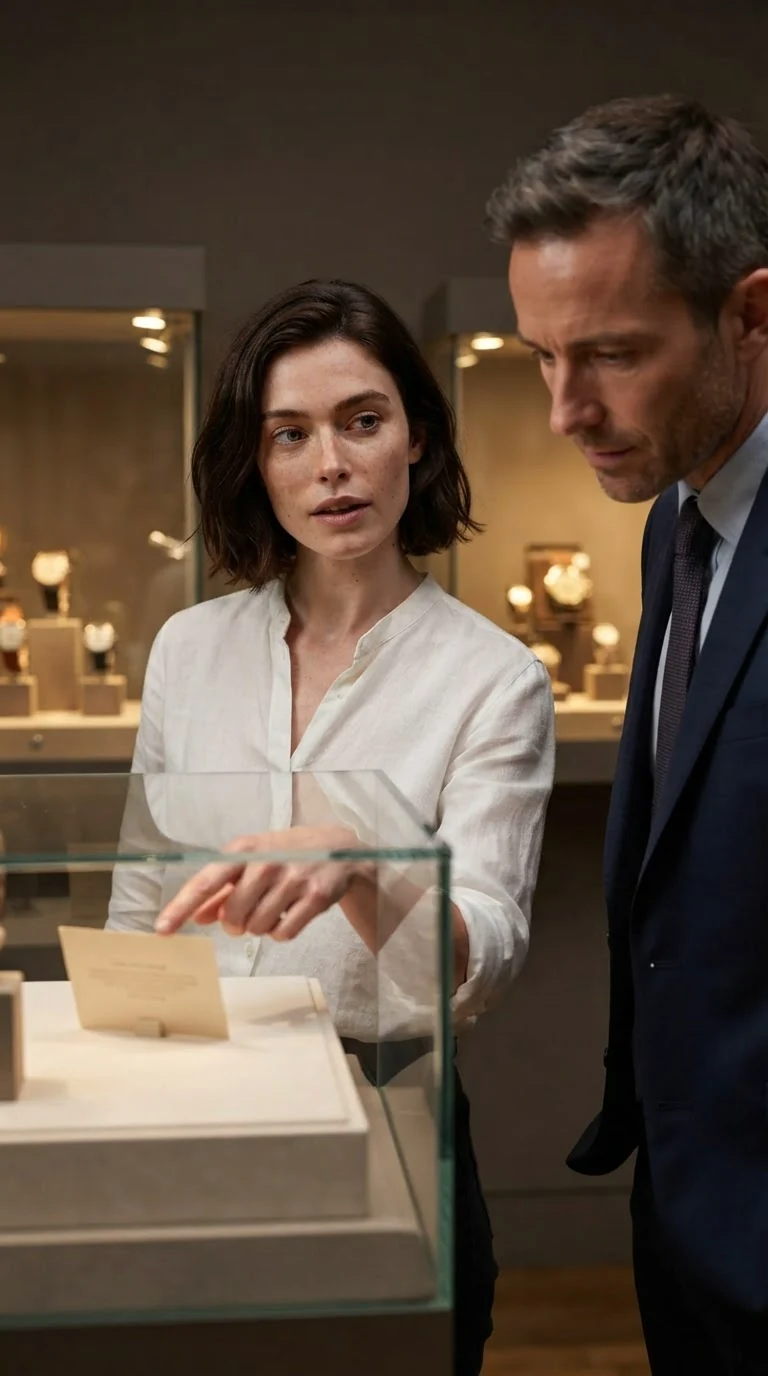 Isla points firmly at a card inside a case while a blurred clerk leans in.