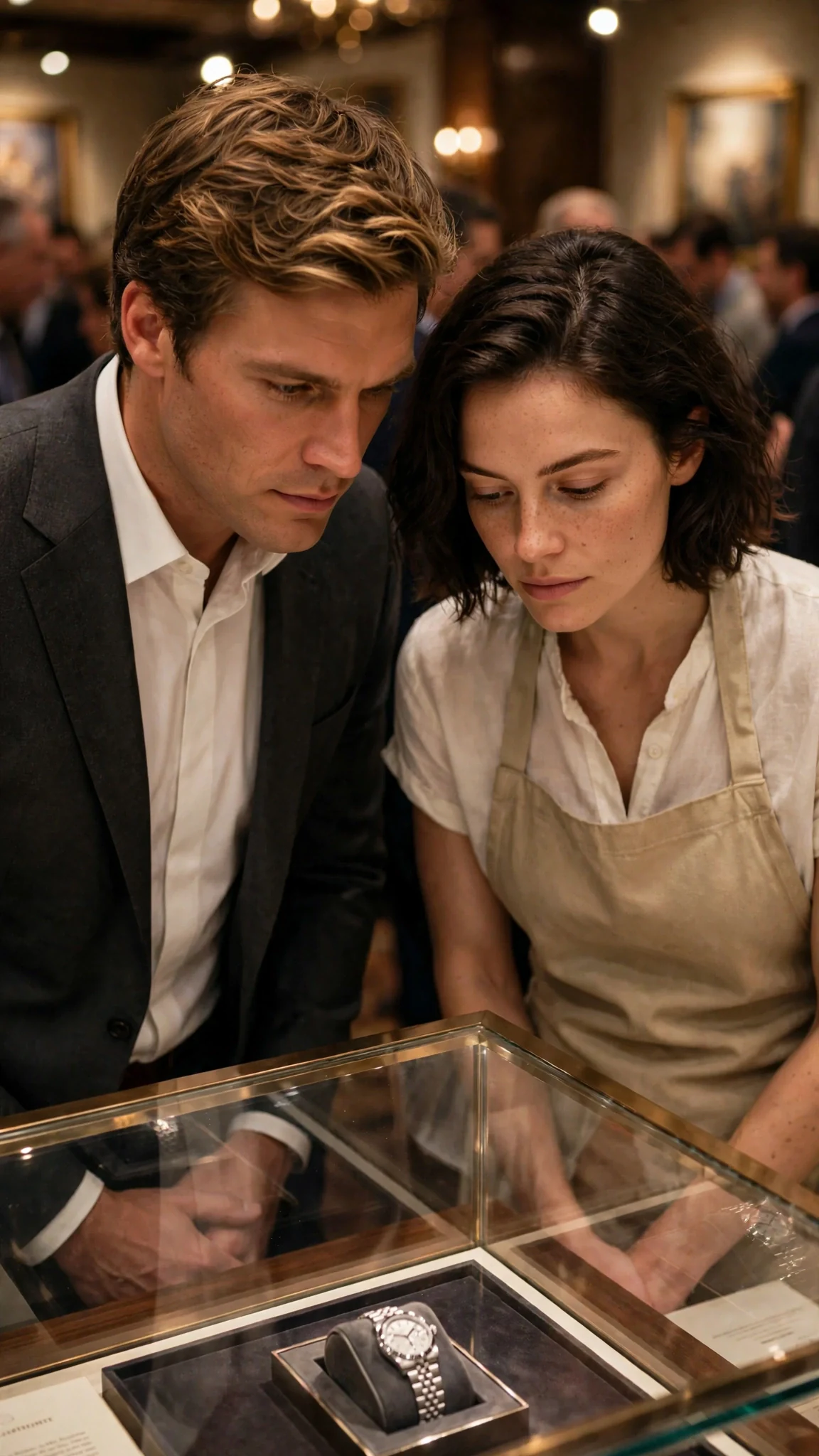 Declan leans close to Isla at the case, both faces tense, her eyes on the watch.
