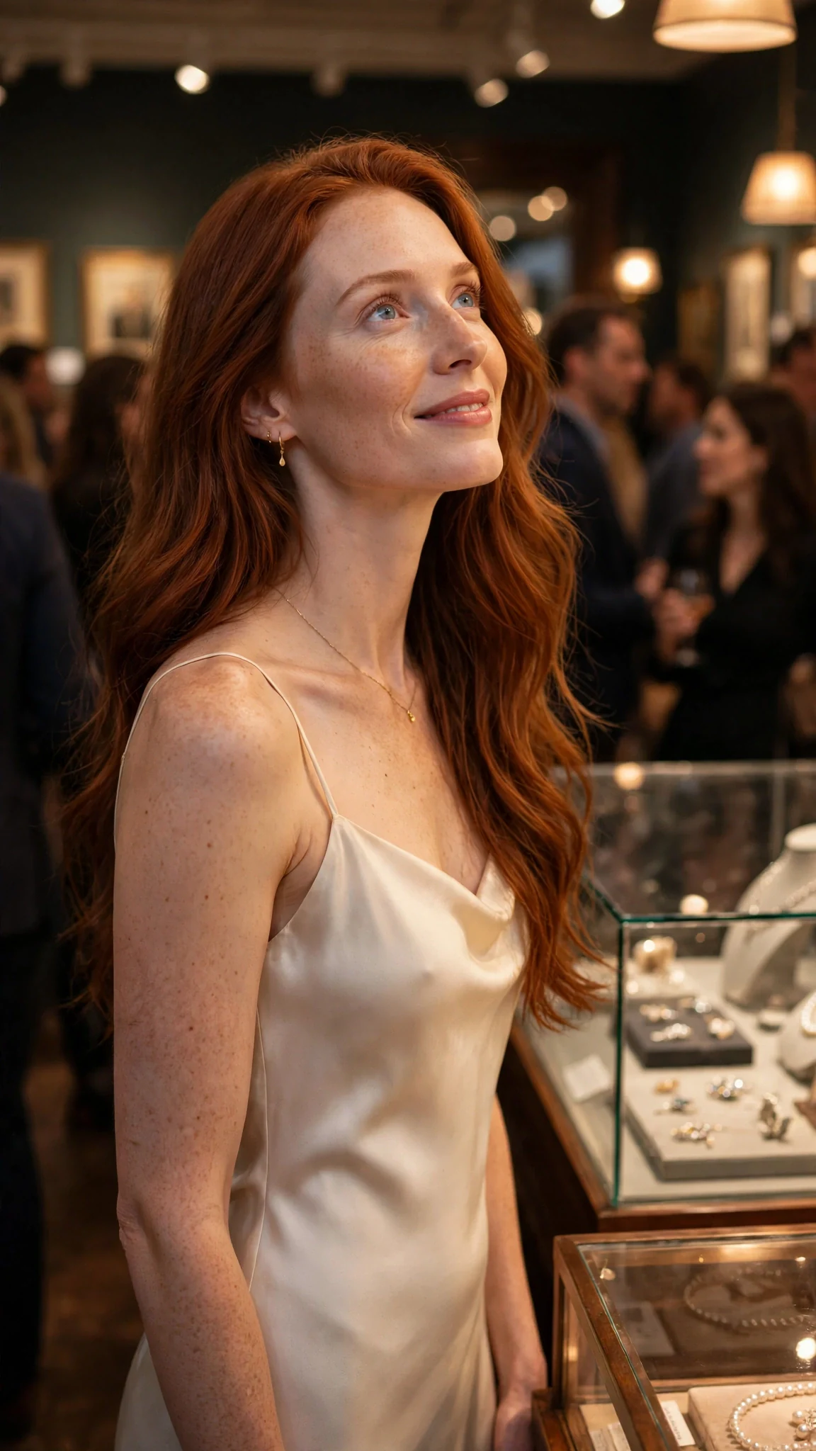 A slender auburn-haired woman in a cream silk dress steps into the lamplight with a polished smile.