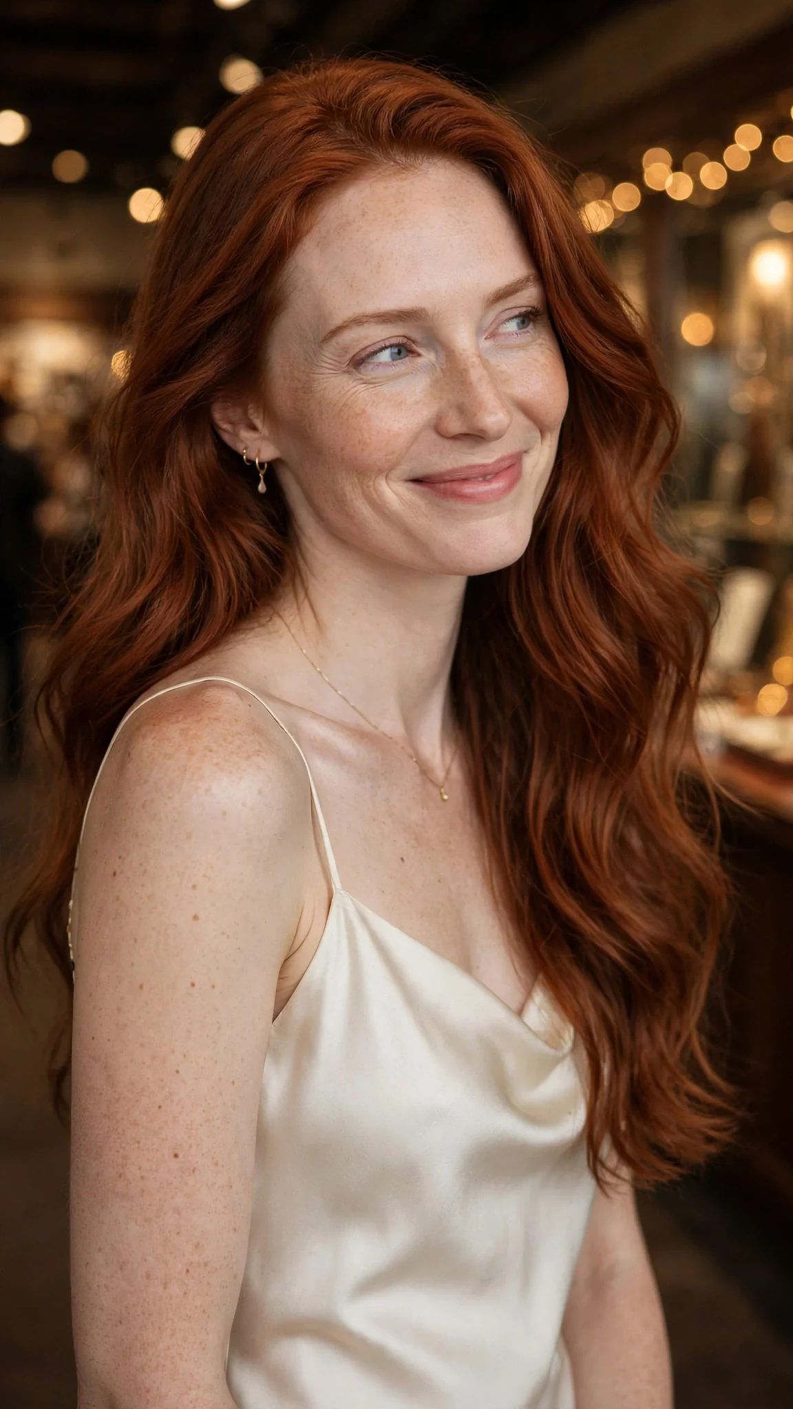 Vivienne smiles with appraising, narrowed eyes at someone off frame.
