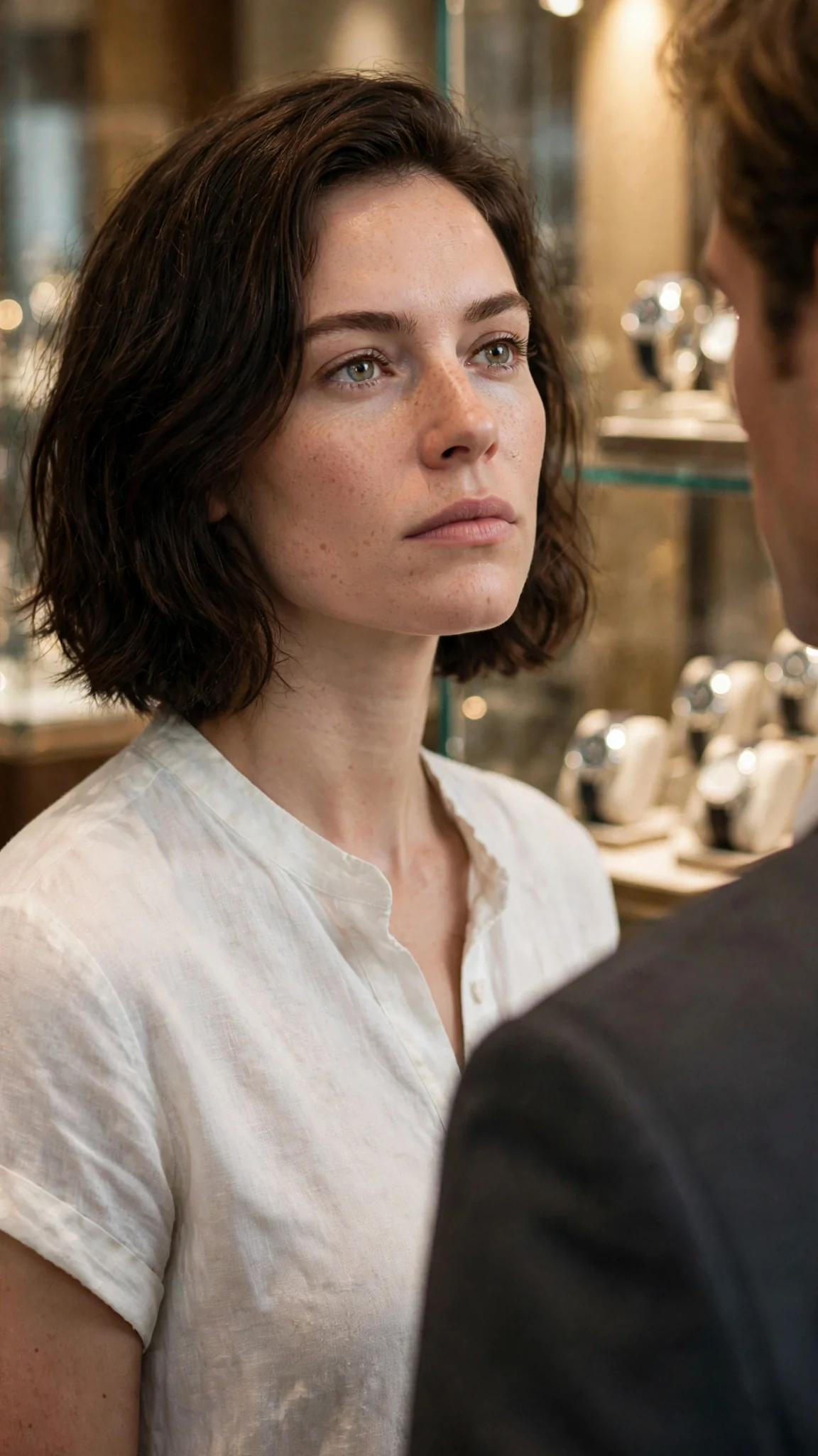 Isla stands chin high and eyes cold at the case, a charcoal shoulder blurred beside her.
