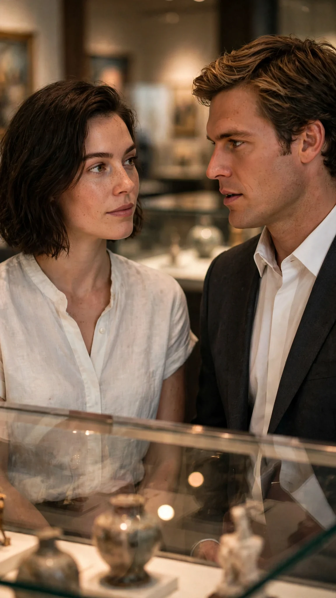 Isla turns her head and looks straight at a tense Declan beside the display case.