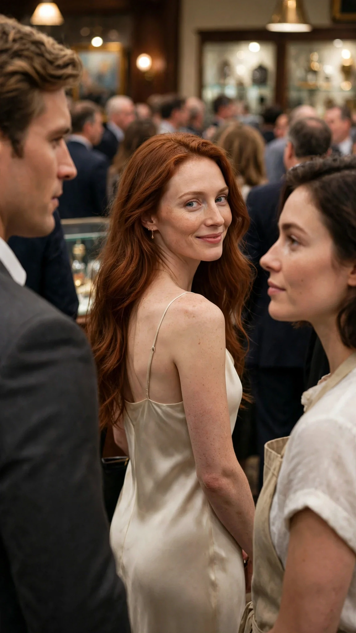 Vivienne turns away with a small smile while Declan stands silent and Isla watches him.