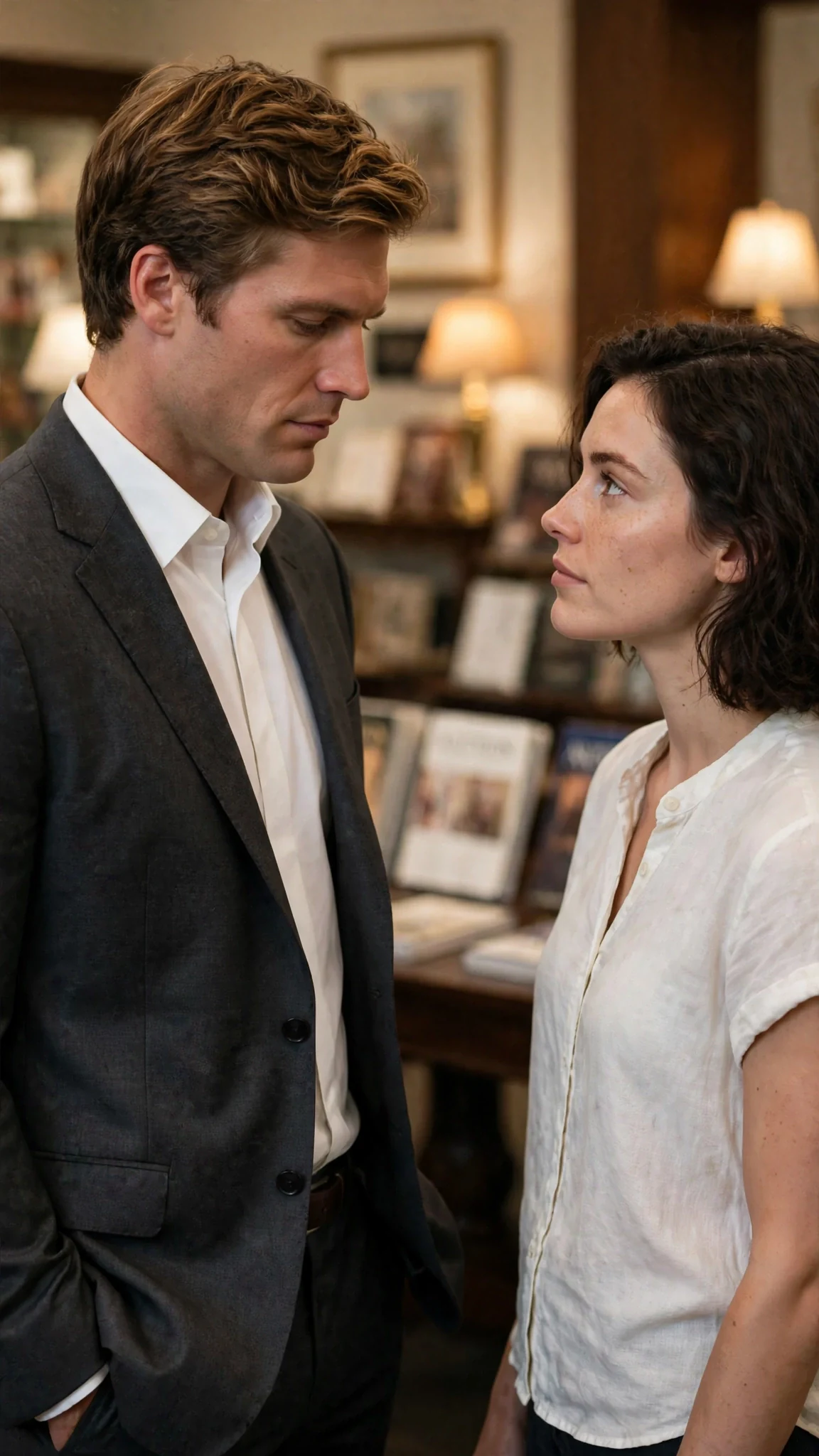 Declan stands with his hands in his pockets, eyes down, while Isla waits for an answer.