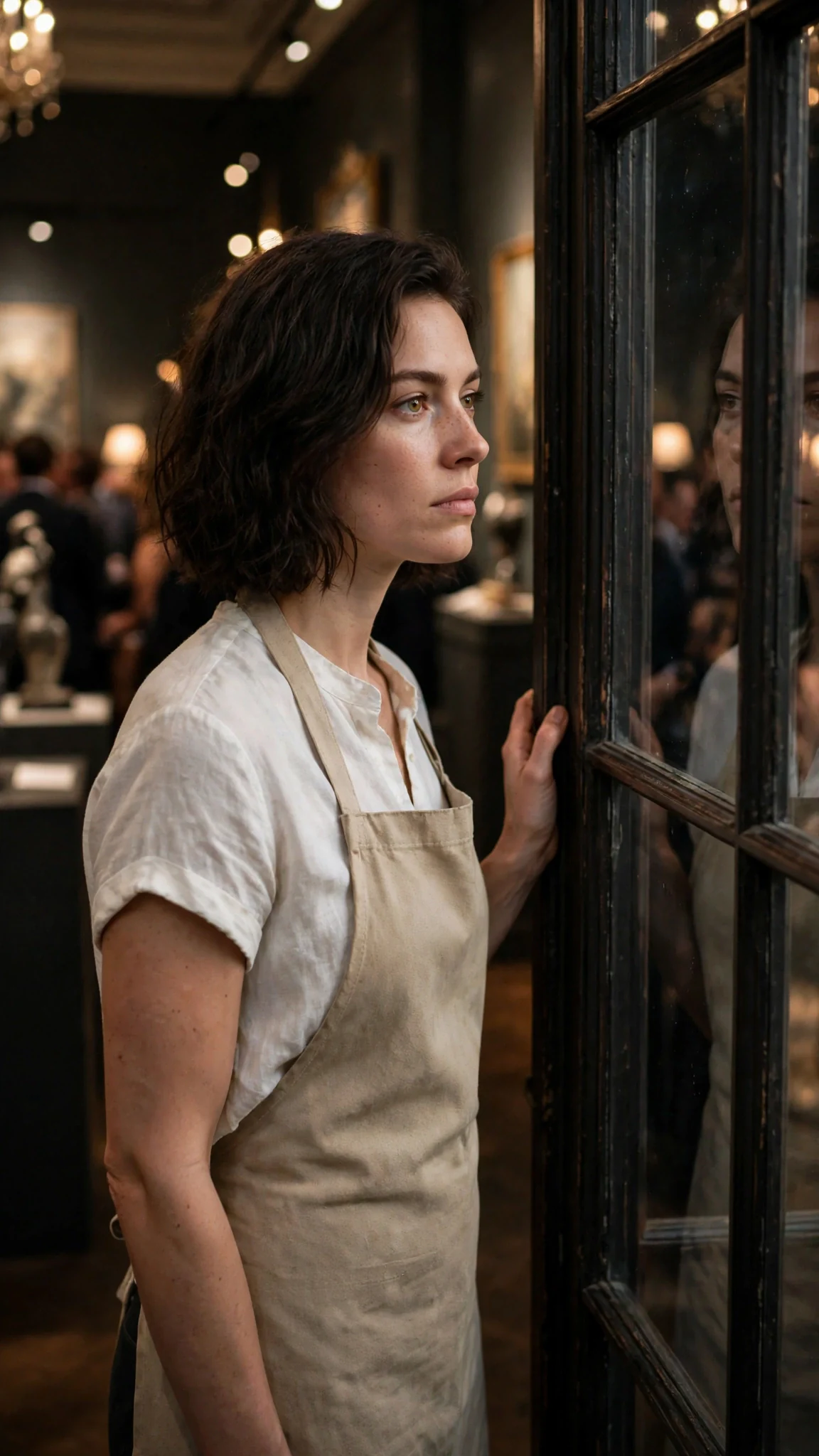 Isla stands alone by a tall dark window in the gallery, jaw tight.
