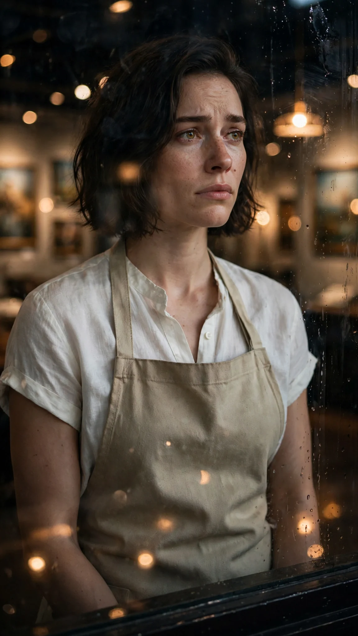 Isla's face reflected in dark window glass, thoughtful and hurt.