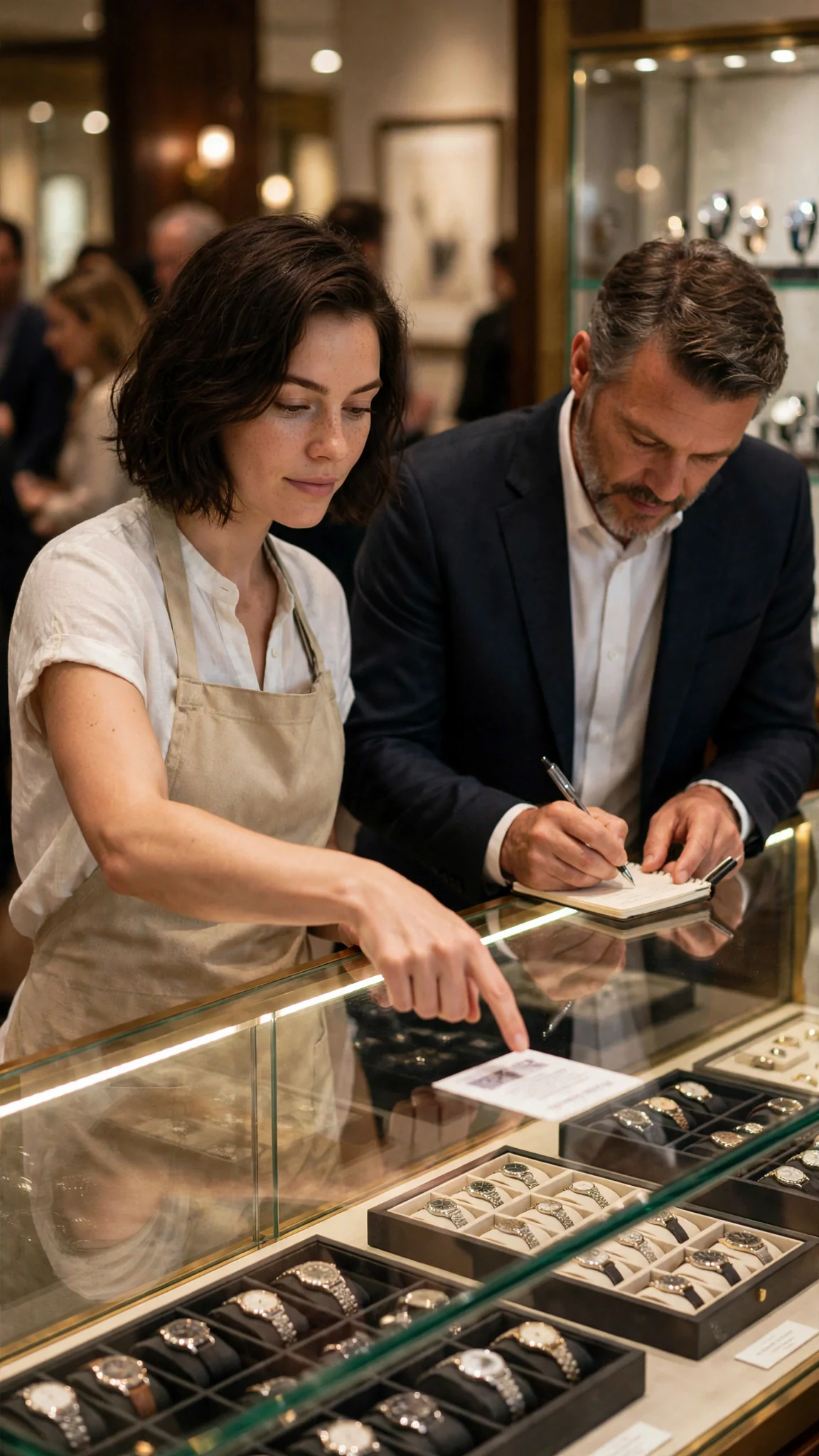 Isla bends over the display case with a clerk, pointing at the small note card.