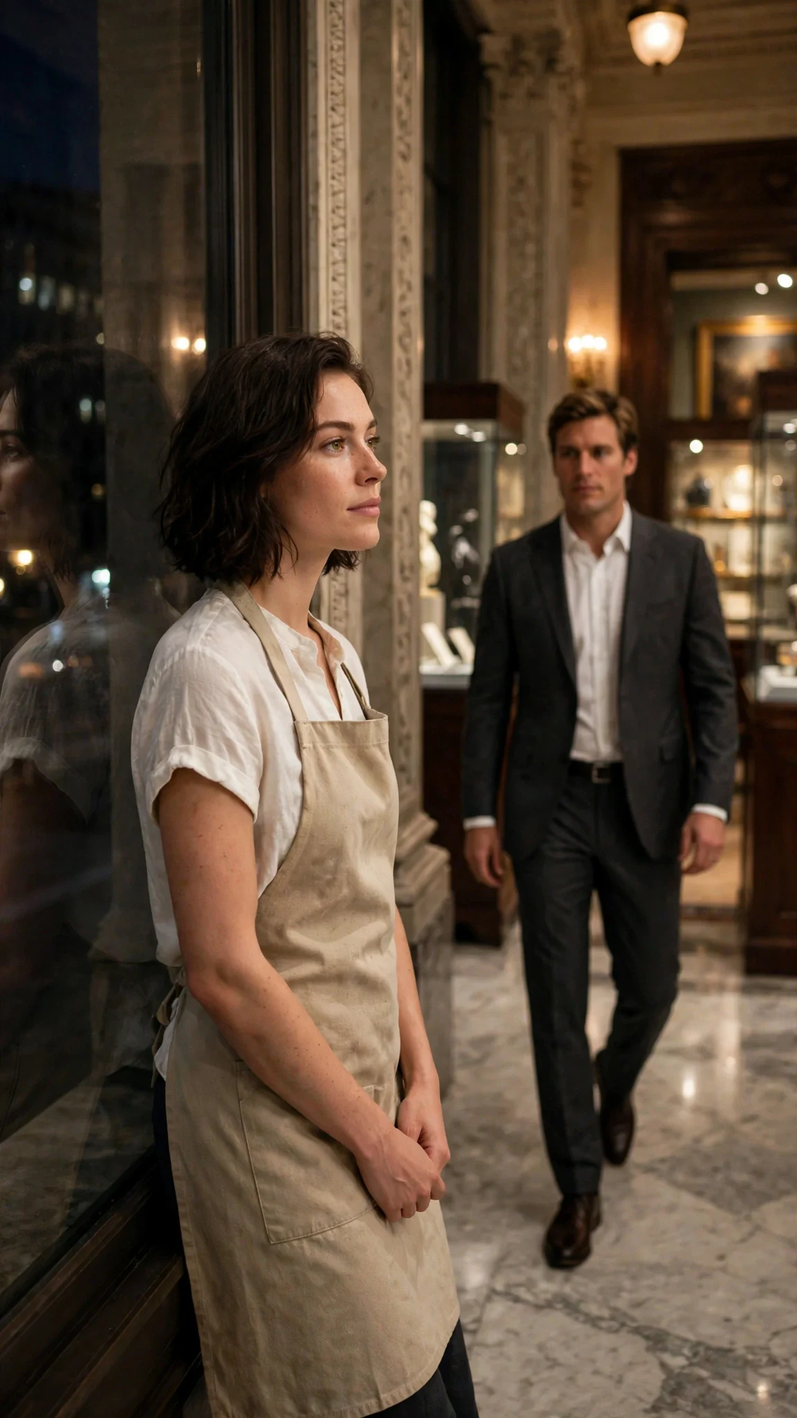 A dark-haired woman in a work apron stands at a tall window in an auction gallery, her reflection in the glass, a tall man in a charcoal suit approaching behind her.