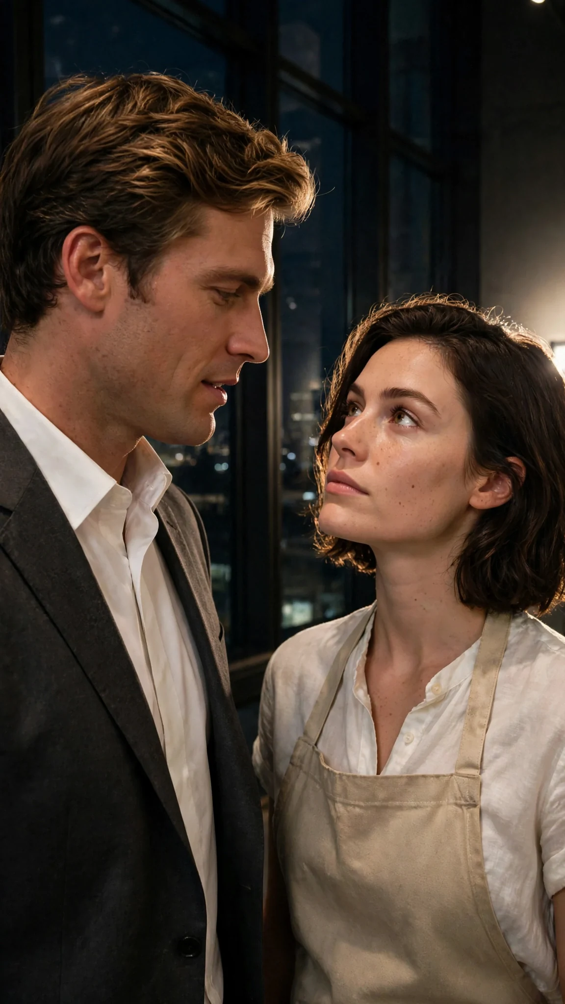 The man in the charcoal suit stands very close beside the woman at the window, speaking quietly, her jaw tight.