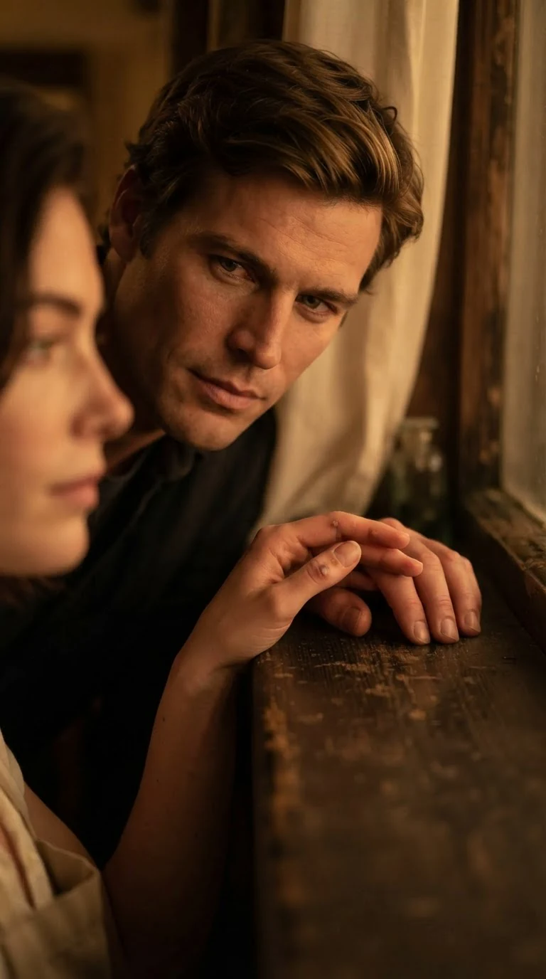 The man looks down at the woman's hand resting on the windowsill, a small callus visible on her finger.