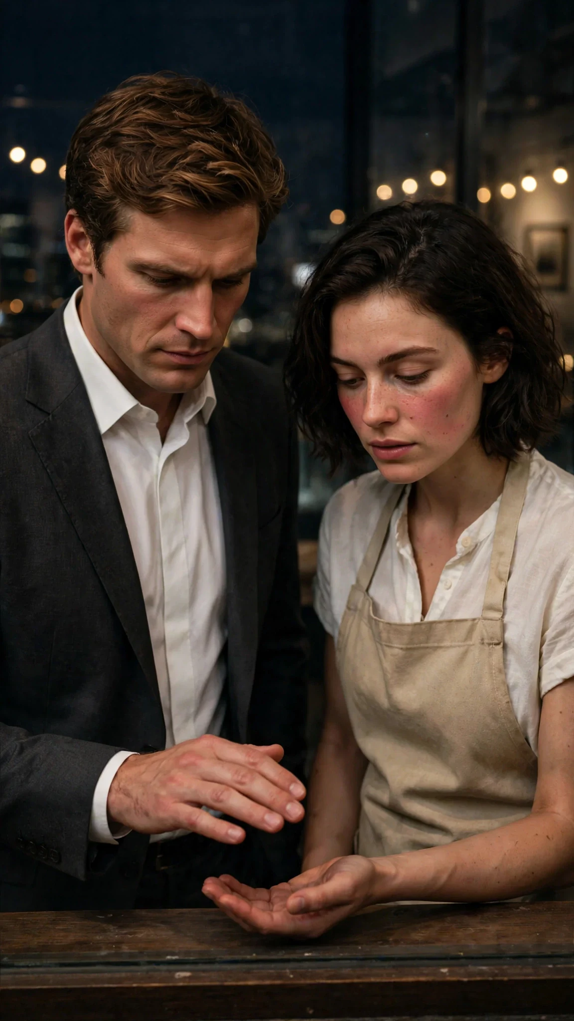 His hand hovers an inch from hers above the windowsill, neither of them moving, both faces tense.