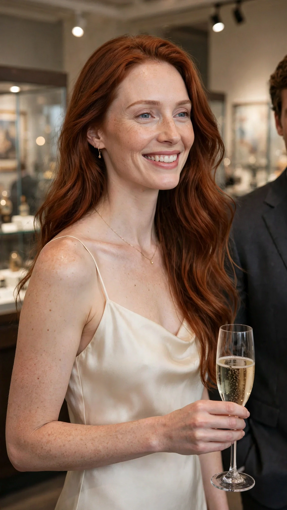 A slender woman in a cream silk dress with long auburn hair steps into the frame holding a glass, smiling, gold jewelry glinting.