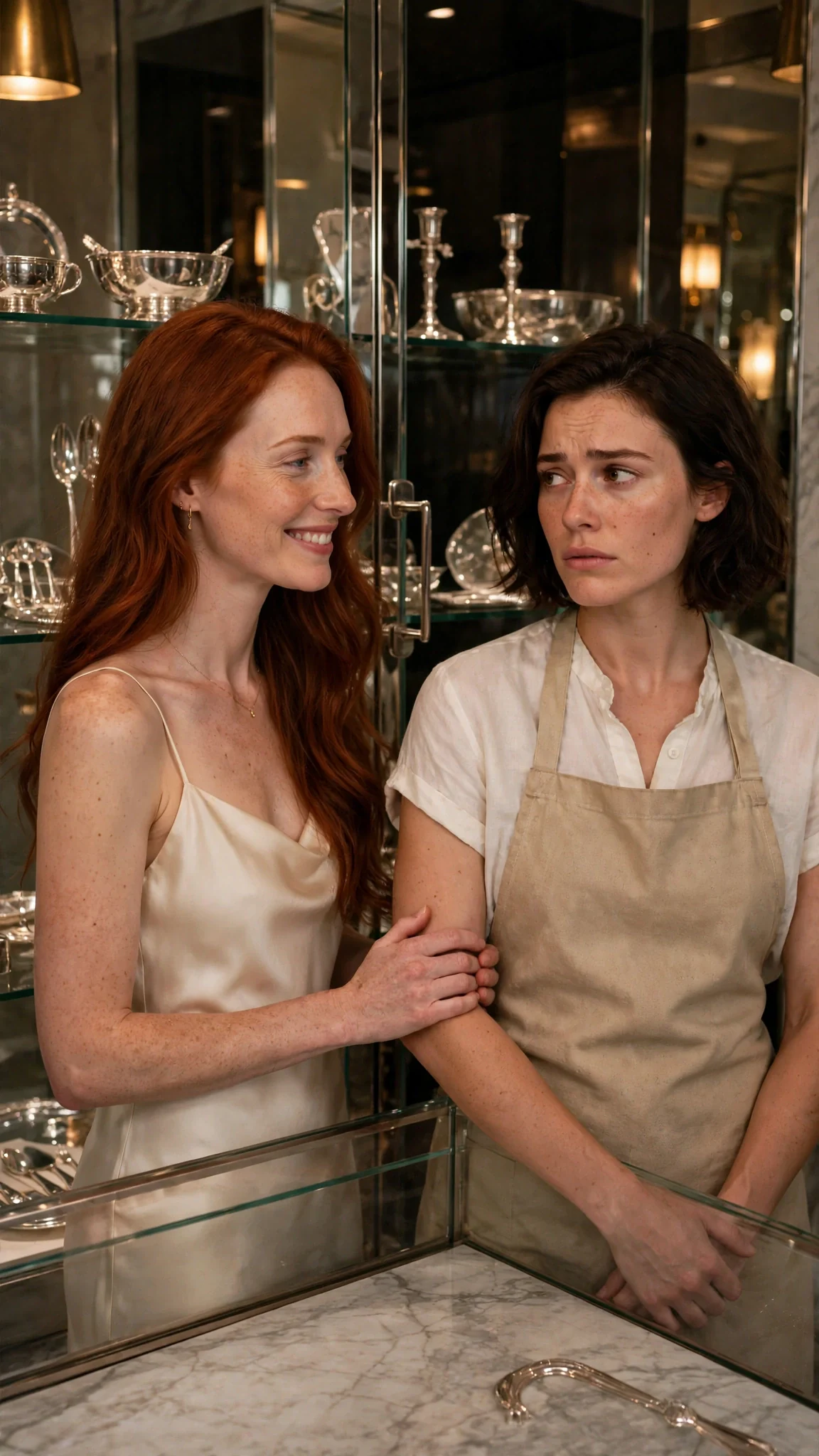 The auburn-haired woman takes the dark-haired woman's elbow in a marble alcove behind a case of silver.