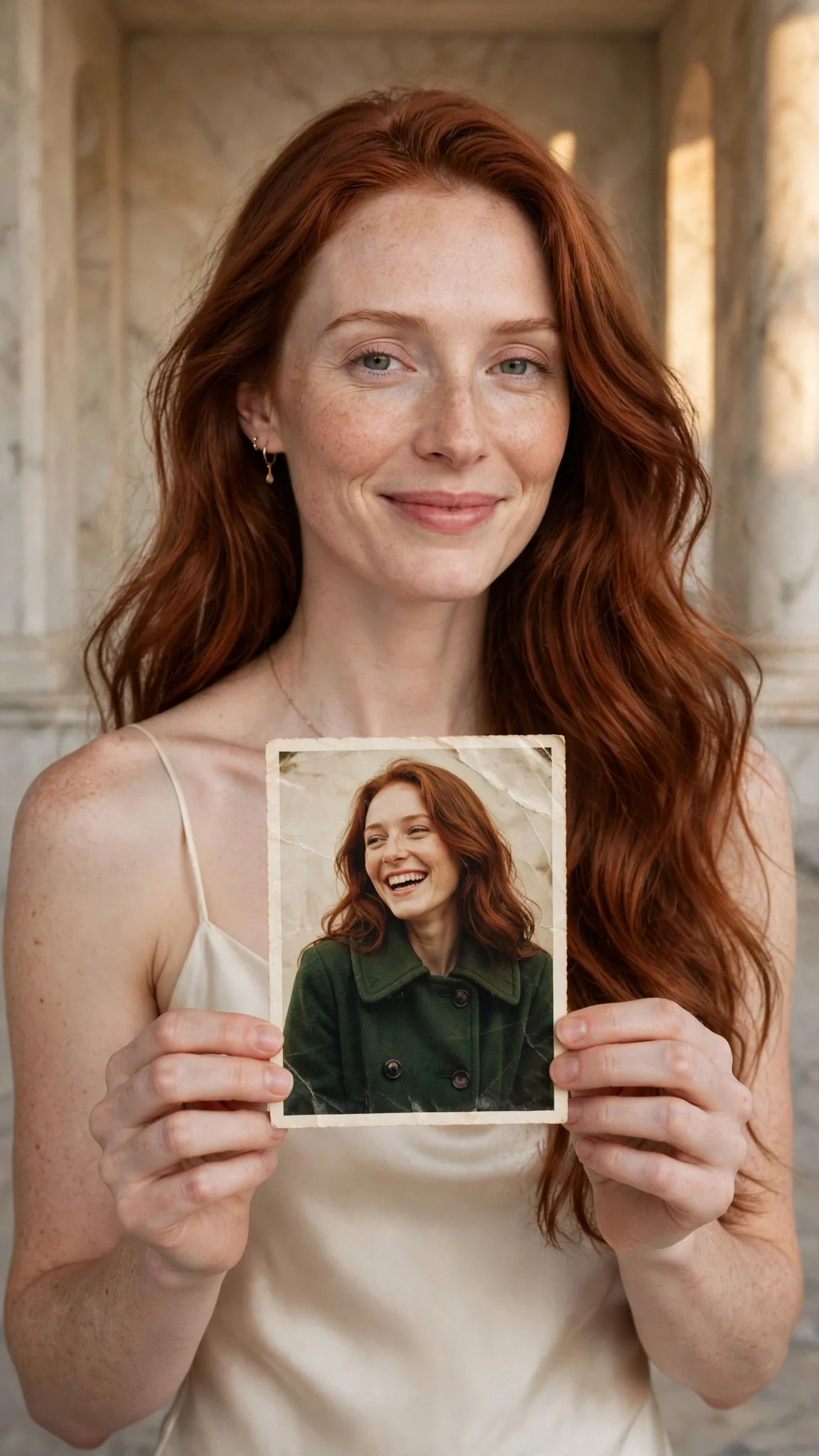 The auburn-haired woman holds out an old paper photograph; in it, a young woman laughs in a green coat.