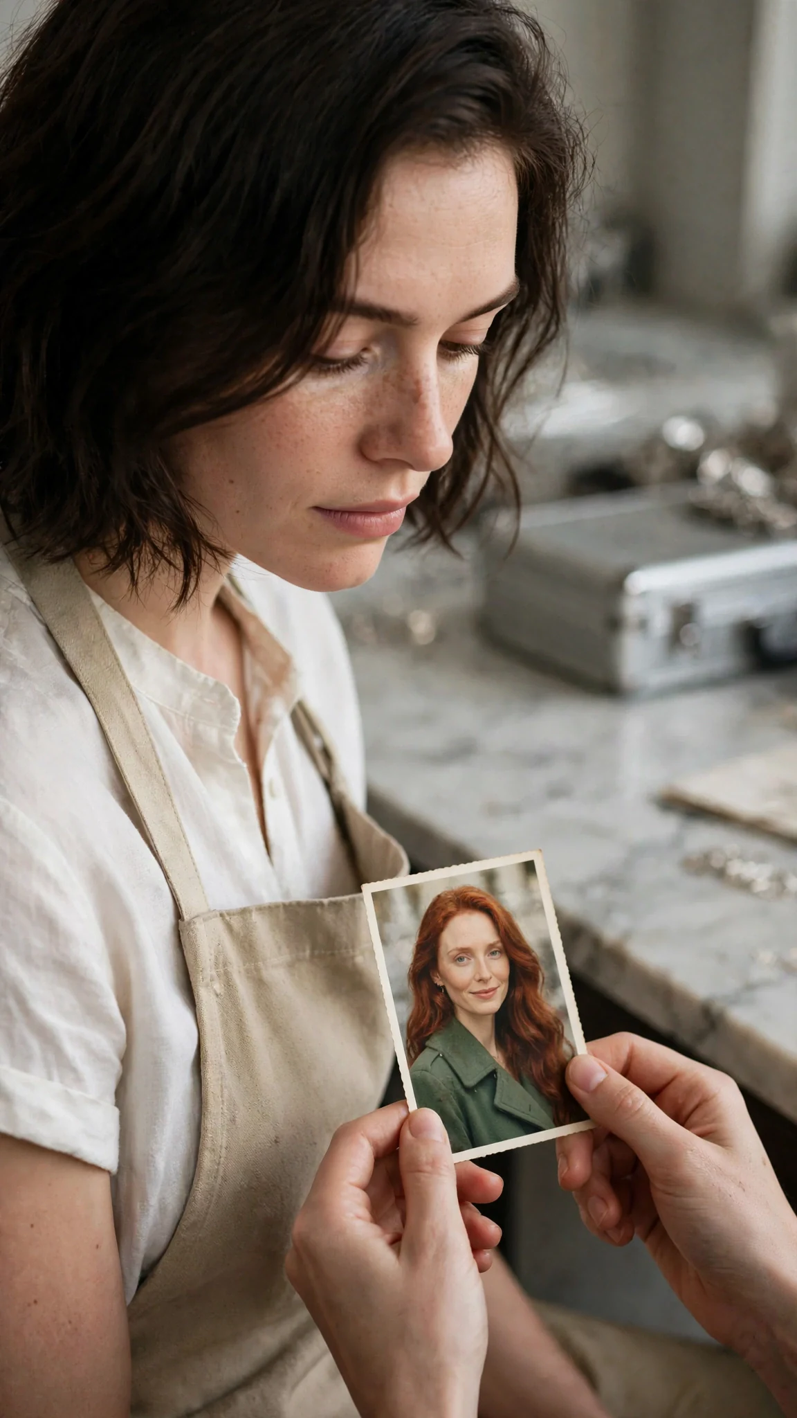 The dark-haired woman stares at the photo, her face going still, the green coat in the picture identical to her own.