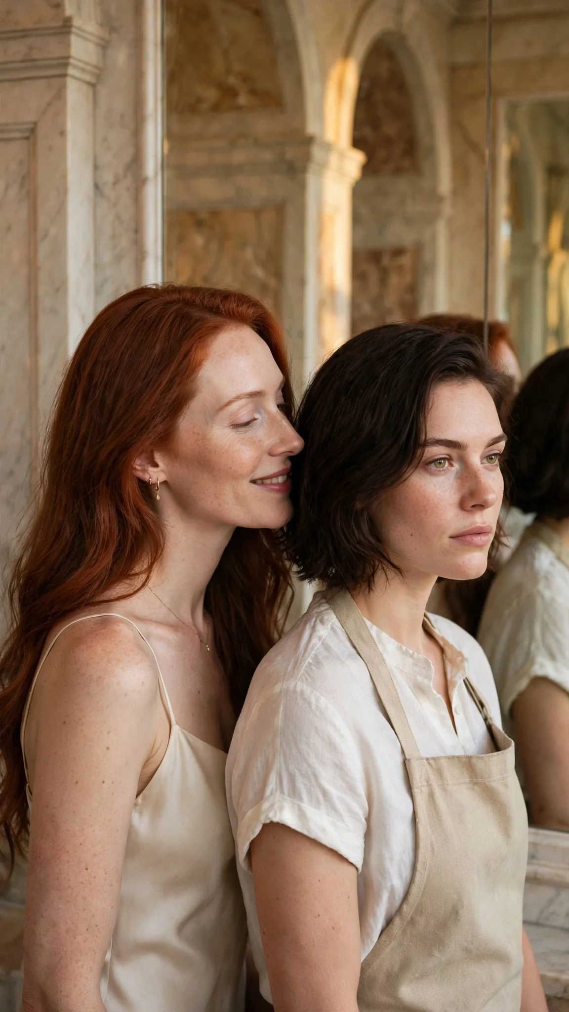 The auburn-haired woman leans in, speaking softly into the dark-haired woman's ear, enjoying it.