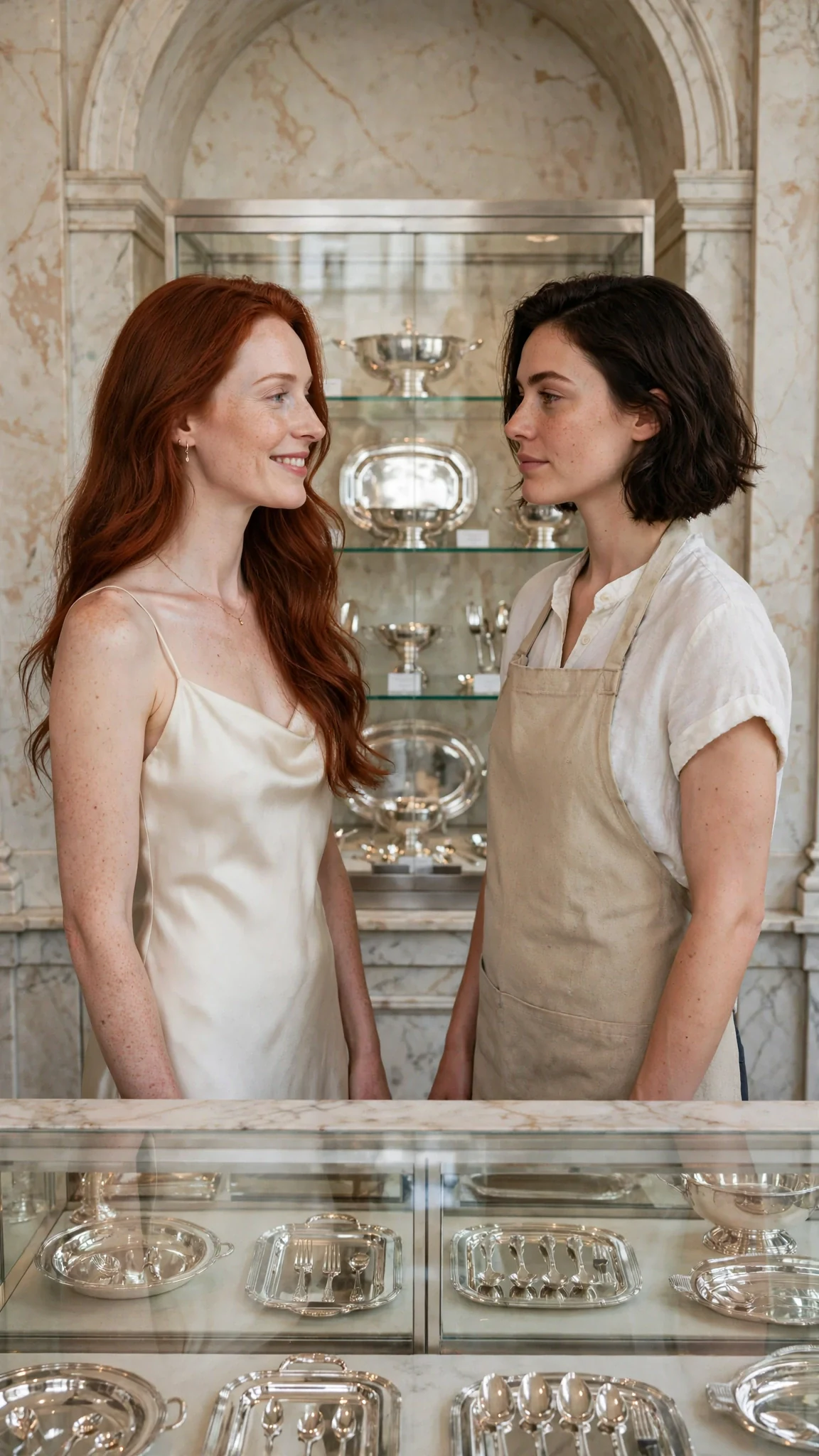 The two women face each other in the alcove, the auburn-haired one calm, the dark-haired one holding herself very still.