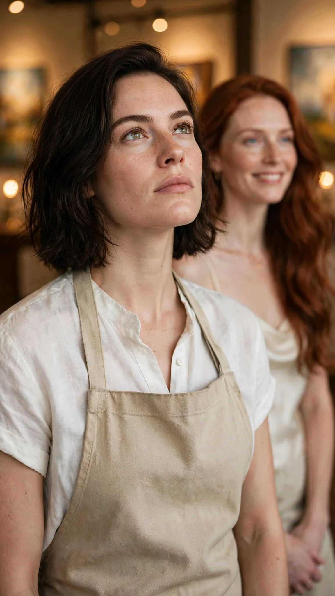 The dark-haired woman's face stays calm, chin up, eyes hard as the other woman smiles.