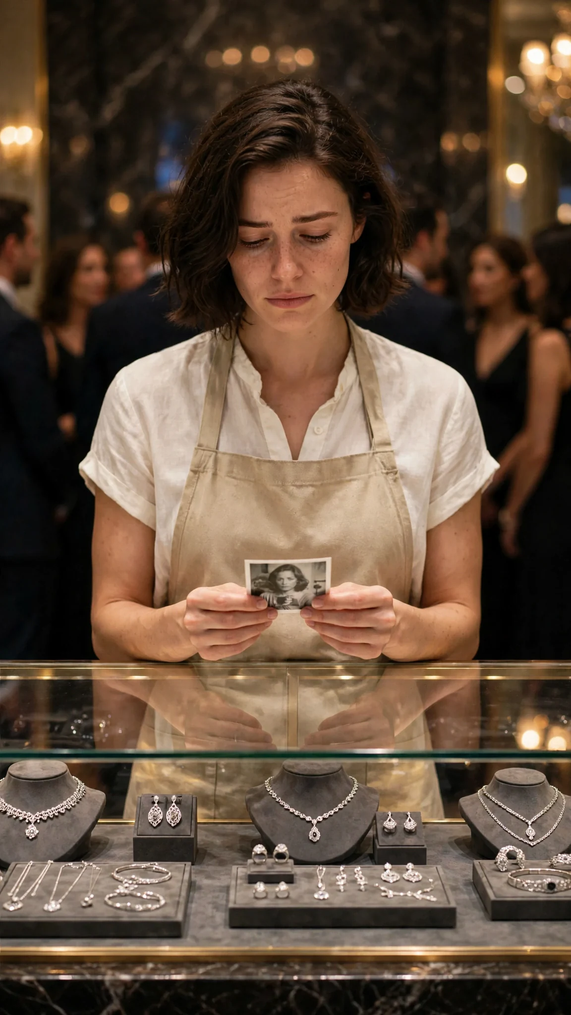 Alone behind a glass case of silver, the dark-haired woman looks down at the photo, then out at the crowd.
