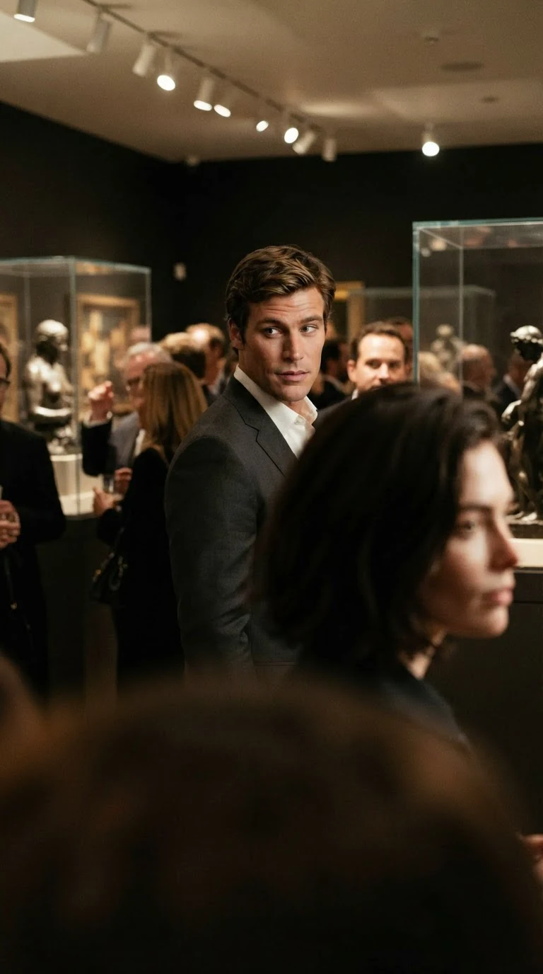 The man in the charcoal suit looks across the gallery and finds her; she looks away first.