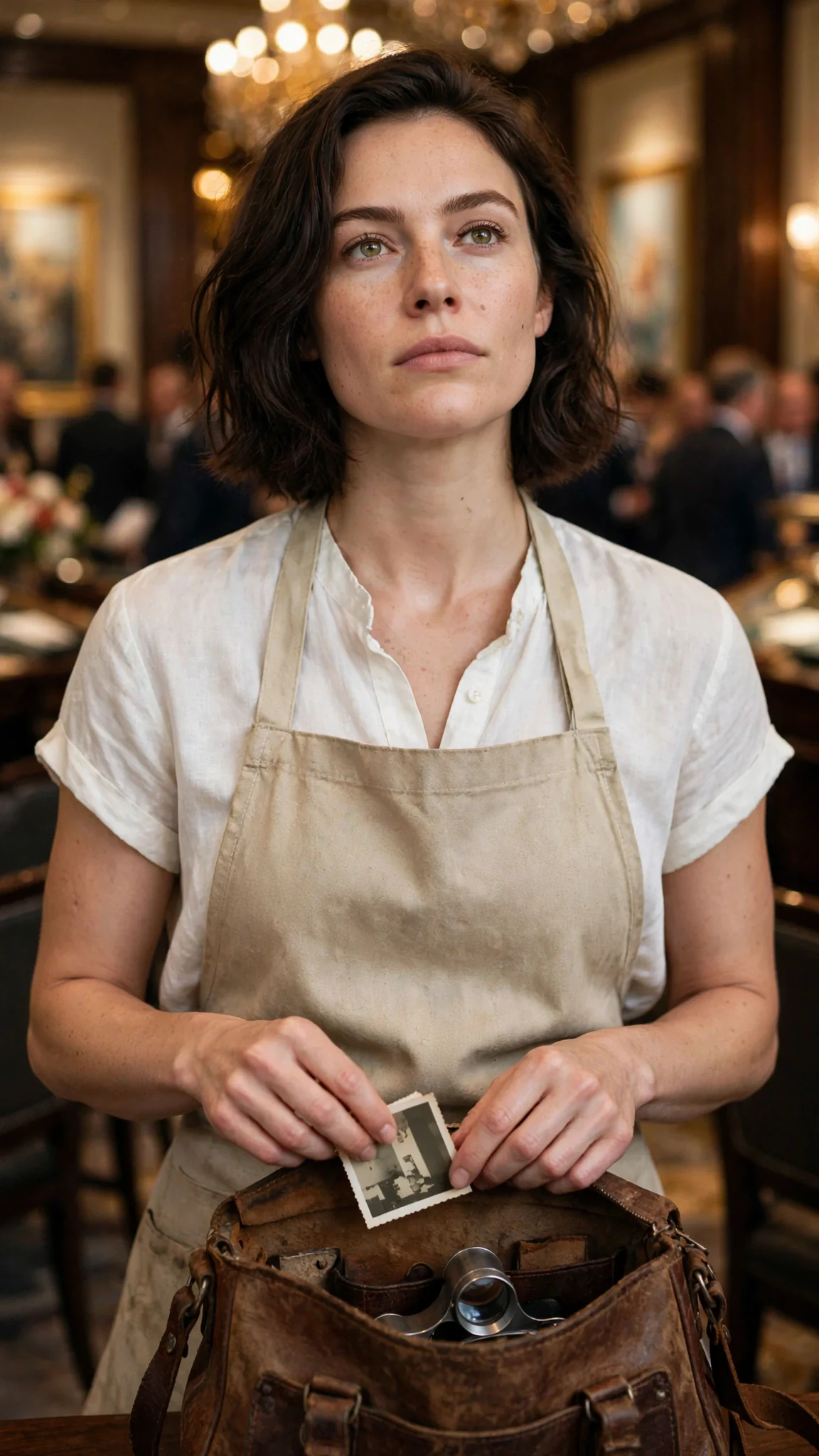 The dark-haired woman tucks the folded photo into her bag beside her loupe, chin up, walking back into the crowd.