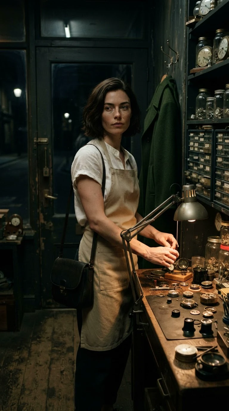 A watchmaker stands alone in her dark shop with her bag still on her shoulder.