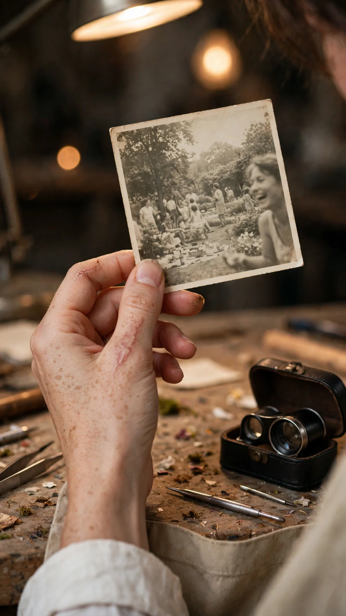 A folded old photograph lies open on a workbench under a lamp.