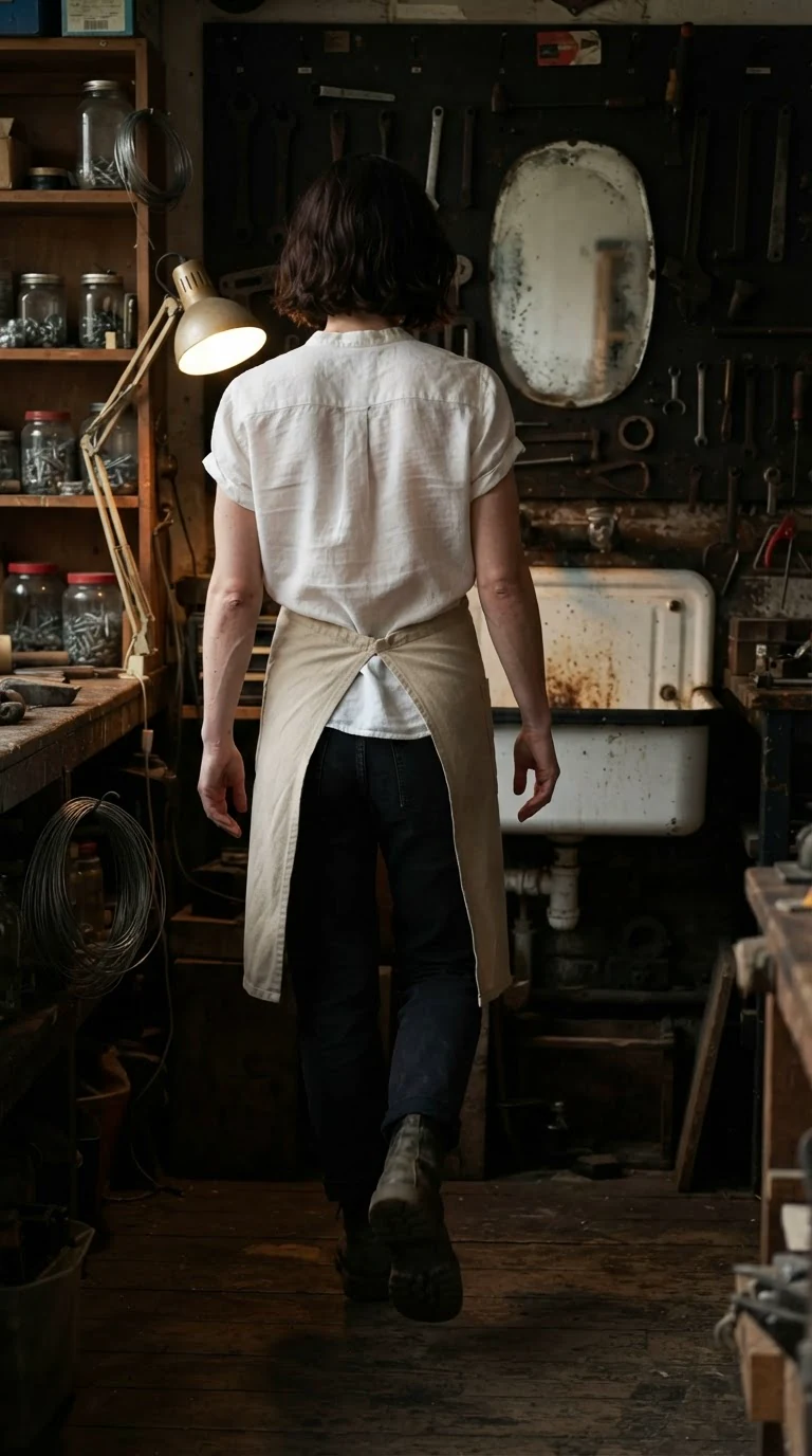 The watchmaker walks toward a small cloudy mirror over a workshop sink.