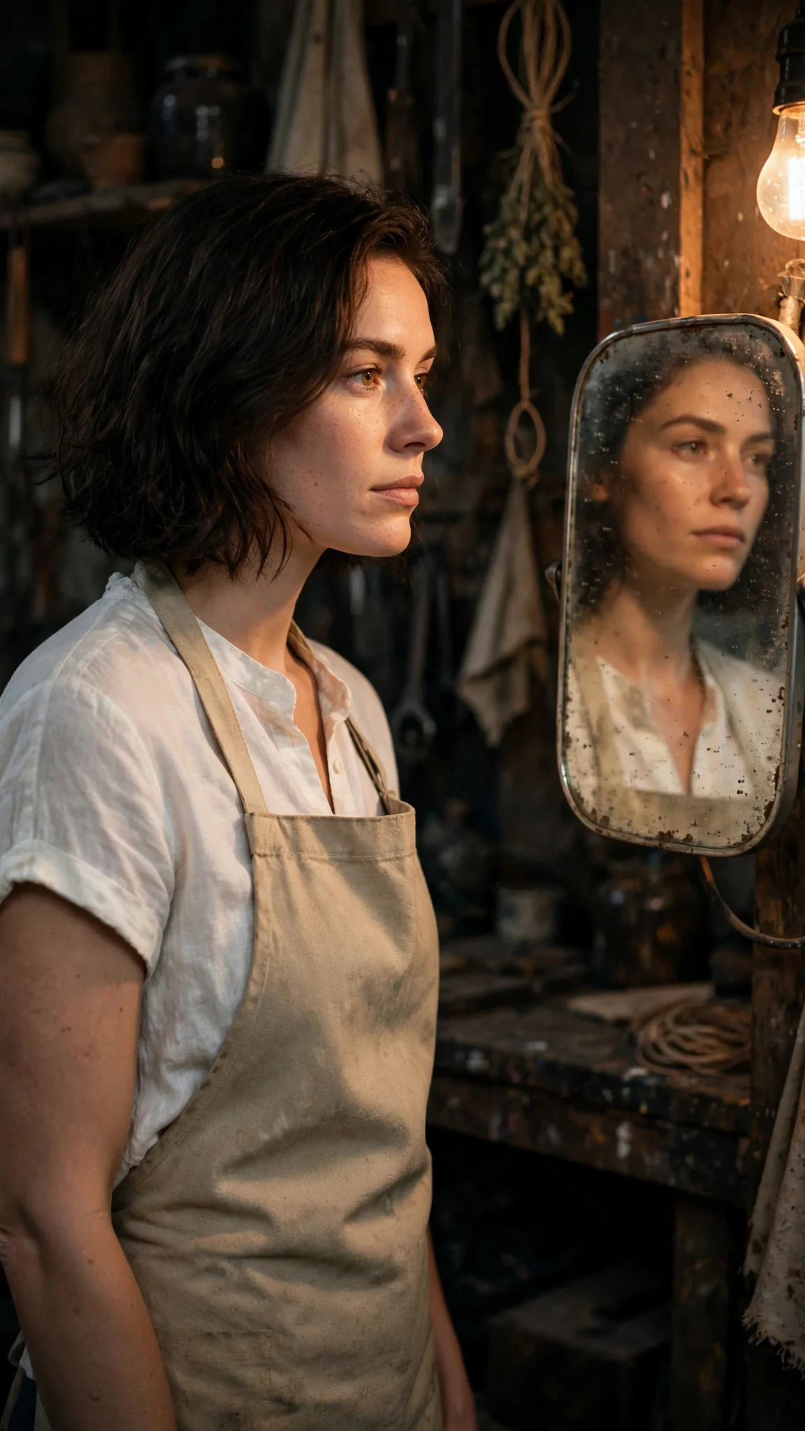 The watchmaker looks at her own reflection in a cloudy mirror.