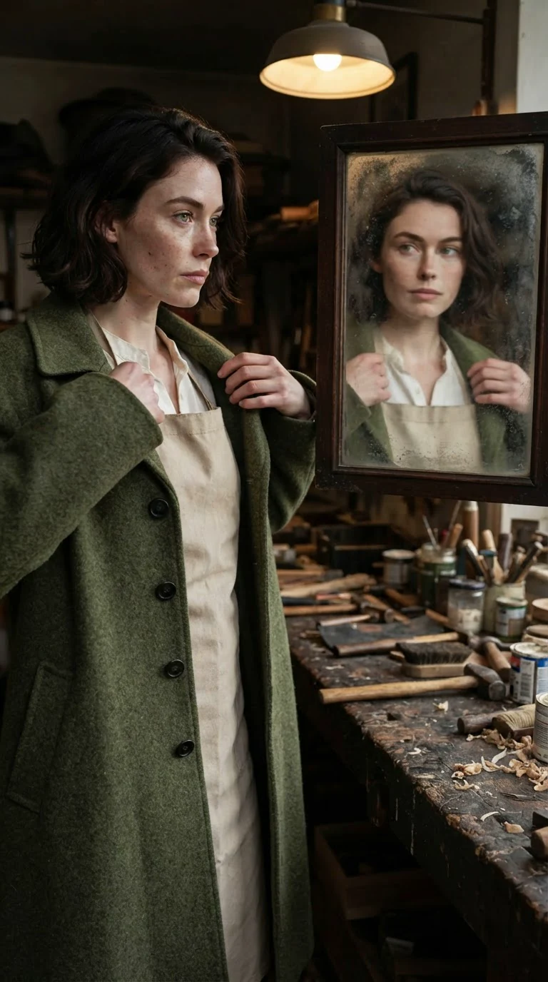 The watchmaker pulls a green wool coat on over her apron in front of the mirror.