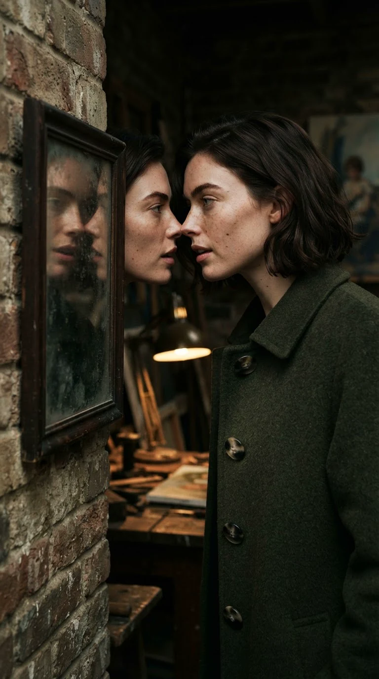 A woman in a green coat stares at her reflection and speaks to it.
