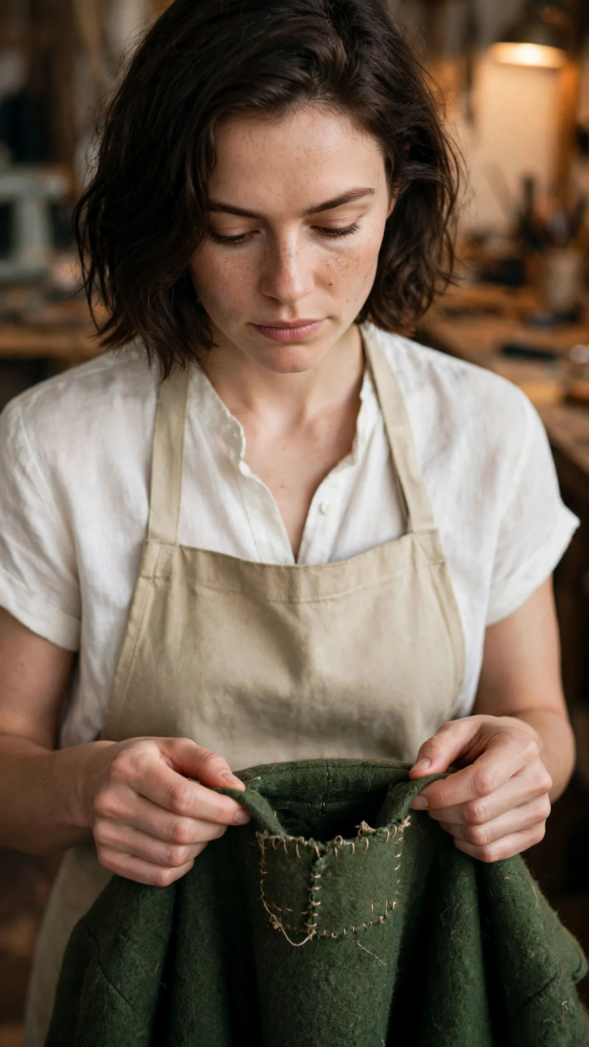 The watchmaker pinches a small stitched tear in the green coat pocket.