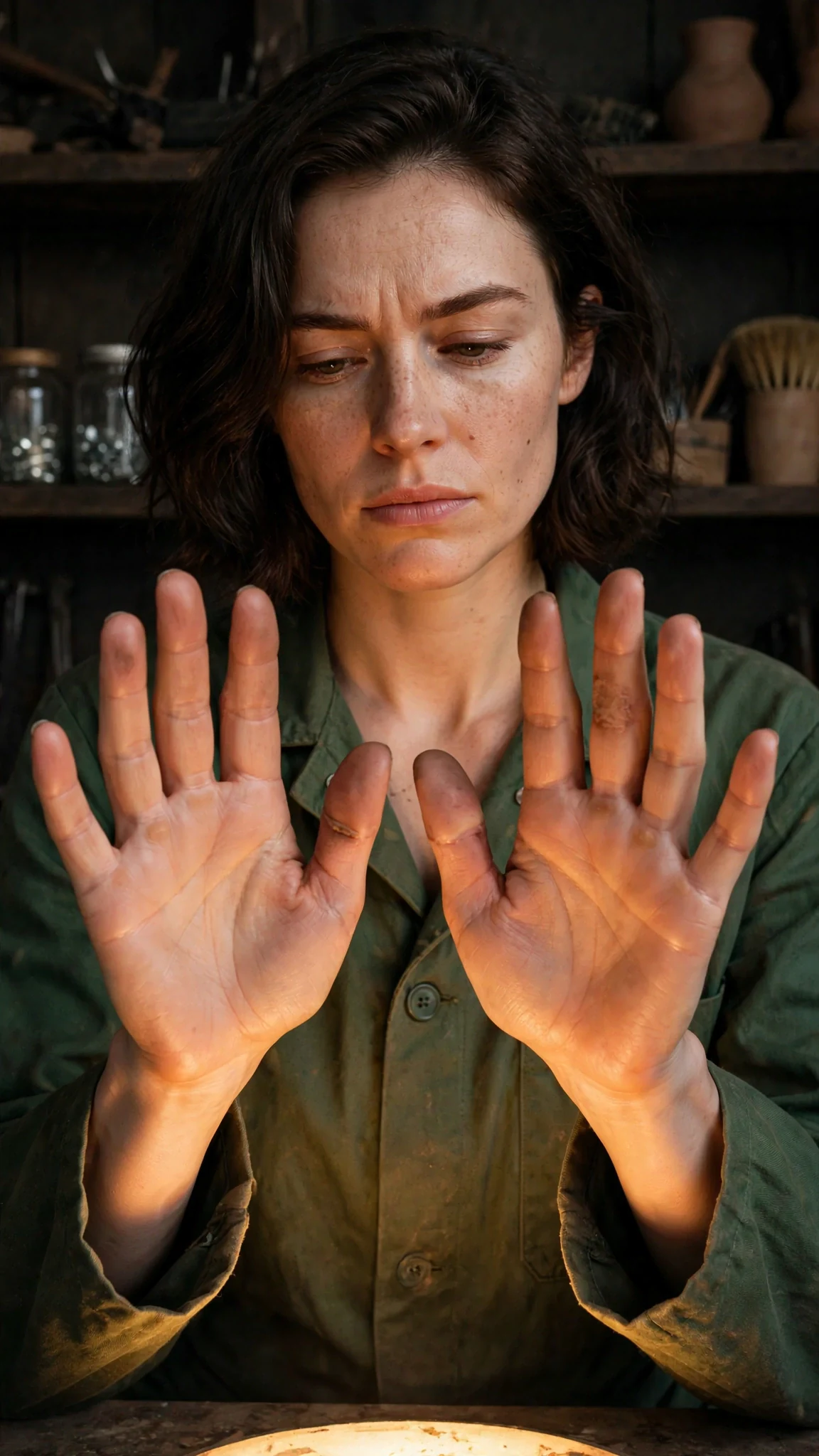 The watchmaker holds her bare hands up in the lamplight and studies them.