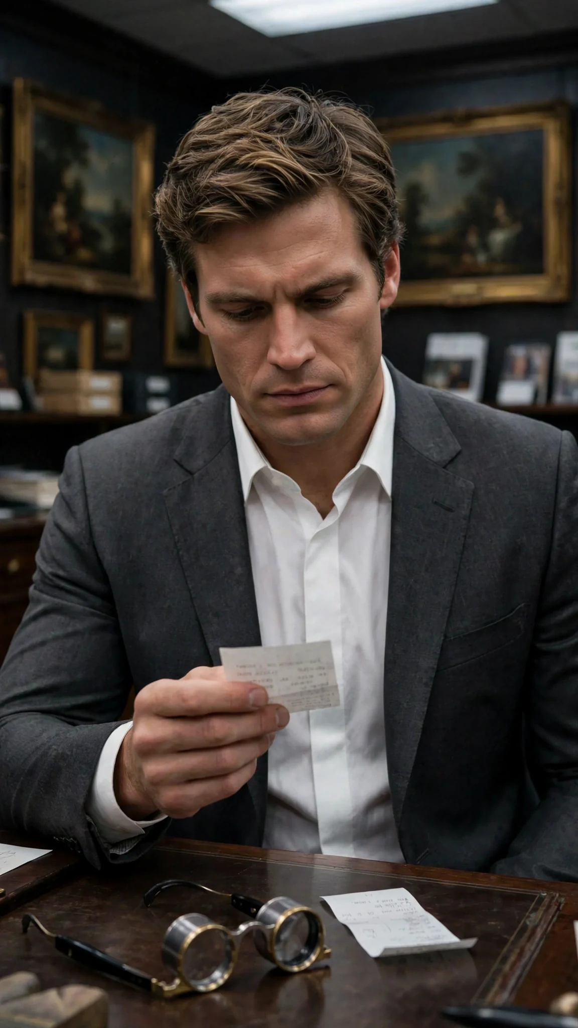 A man in a charcoal suit sits alone in a dim auction gallery office holding a small paper slip.