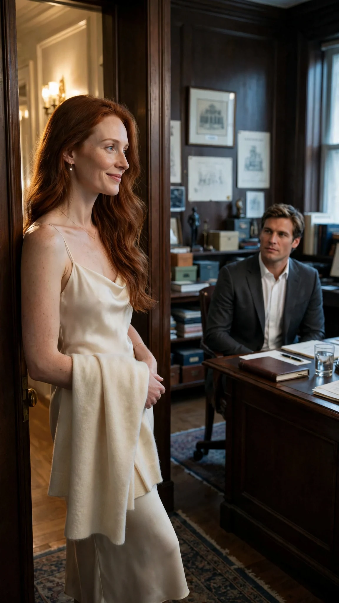 A woman in cream silk stands in the office doorway watching the seated man.