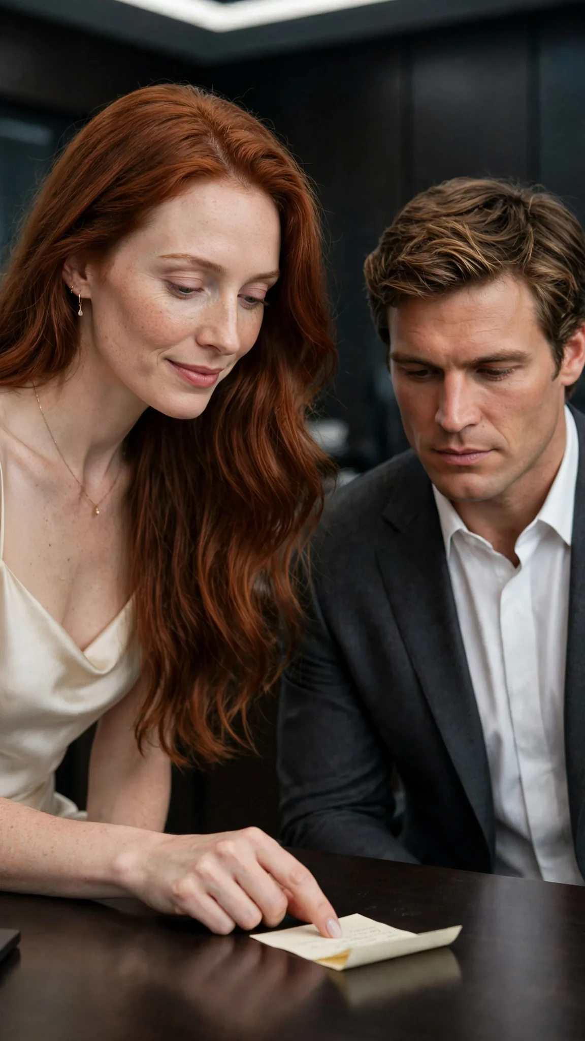 The woman in cream silk touches a paper slip on a dark desk with one finger.