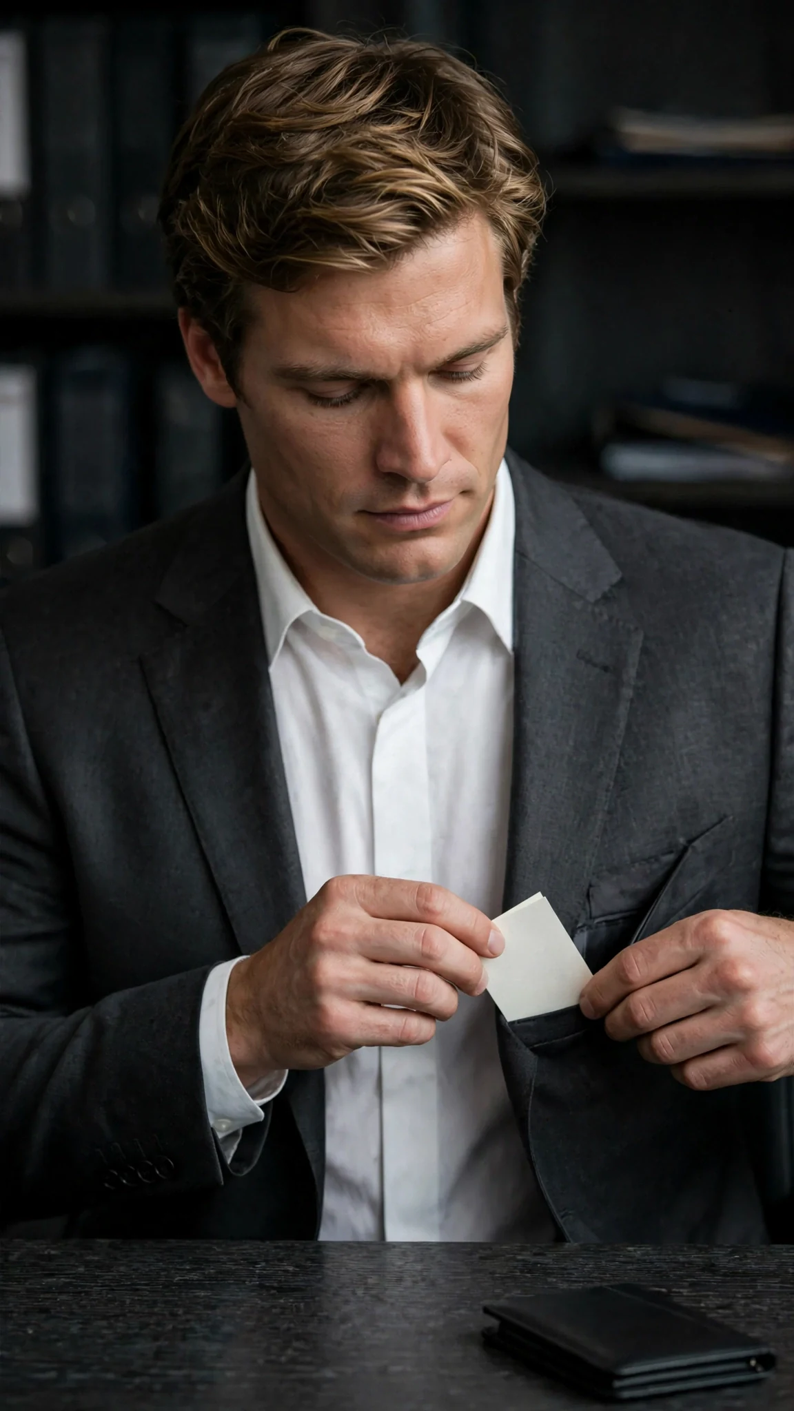 The man in the charcoal suit folds a small paper slip and slides it into his jacket pocket.