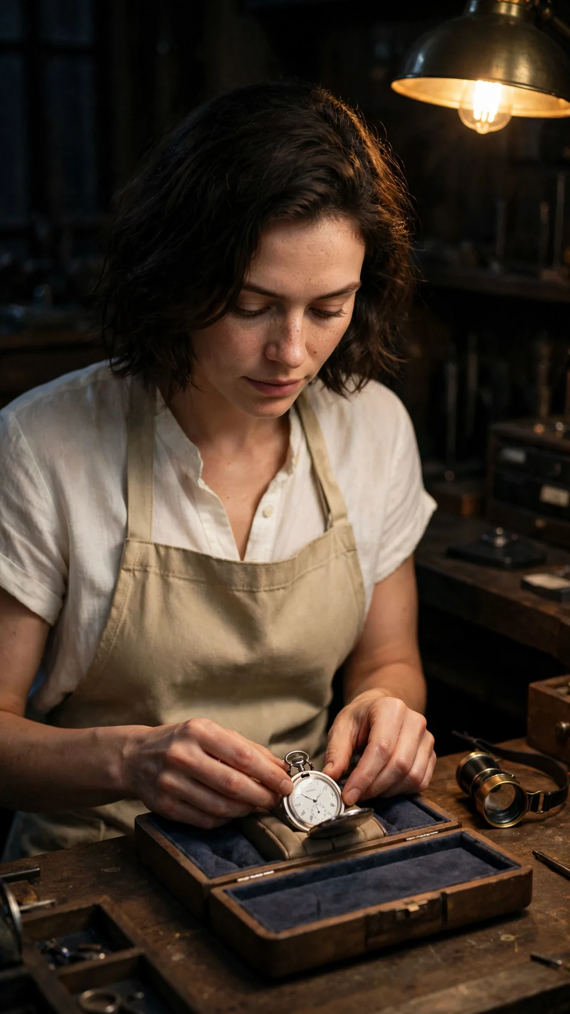 The watchmaker sets a silver pocket watch into a padded cradle under a lamp.
