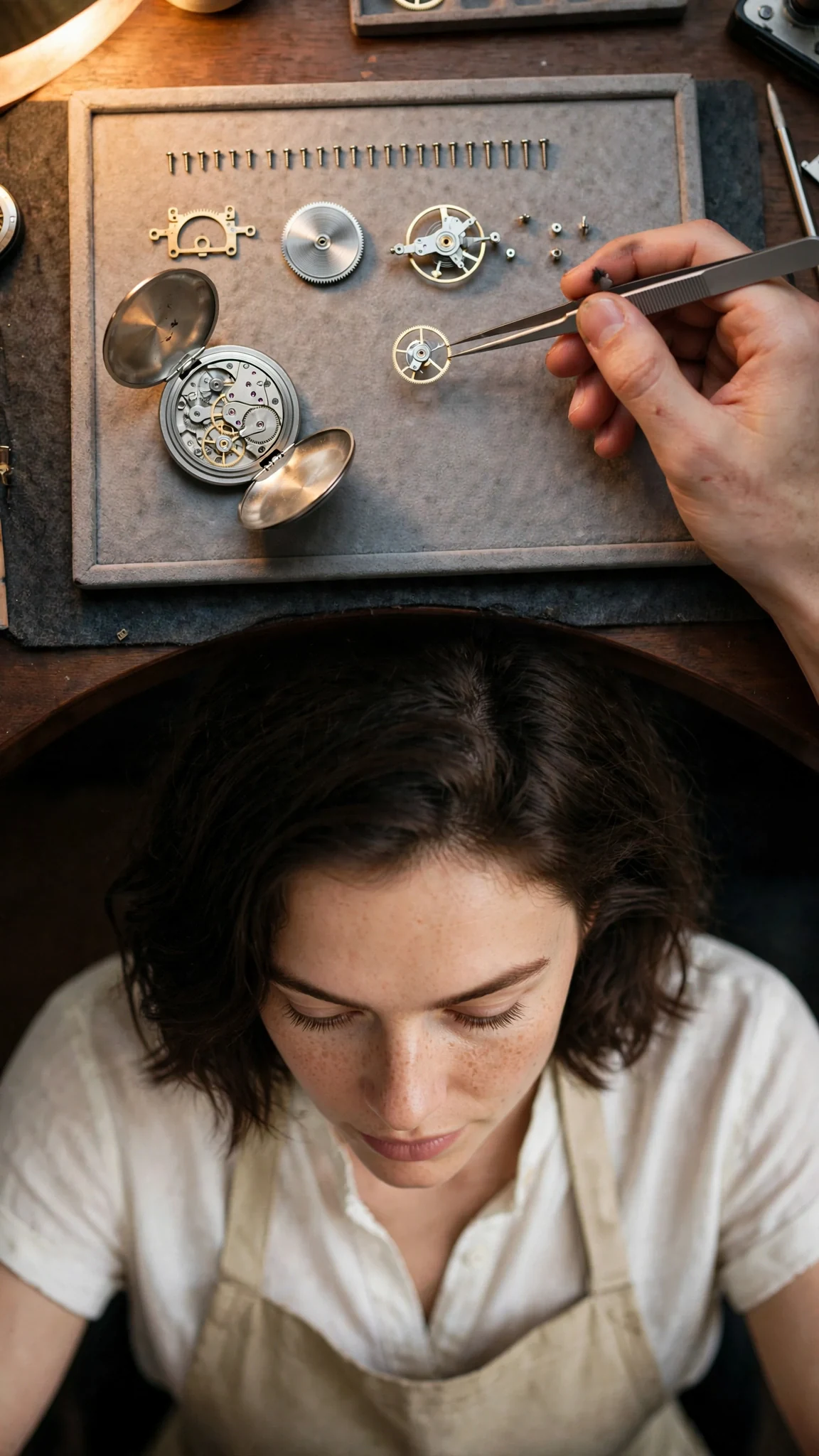 Small watch parts are arranged in a neat row on a tray beside tweezers.