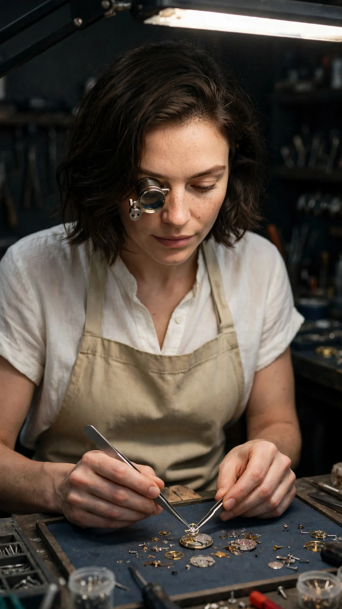 The watchmaker works with tweezers and a loupe, her face calm and focused.