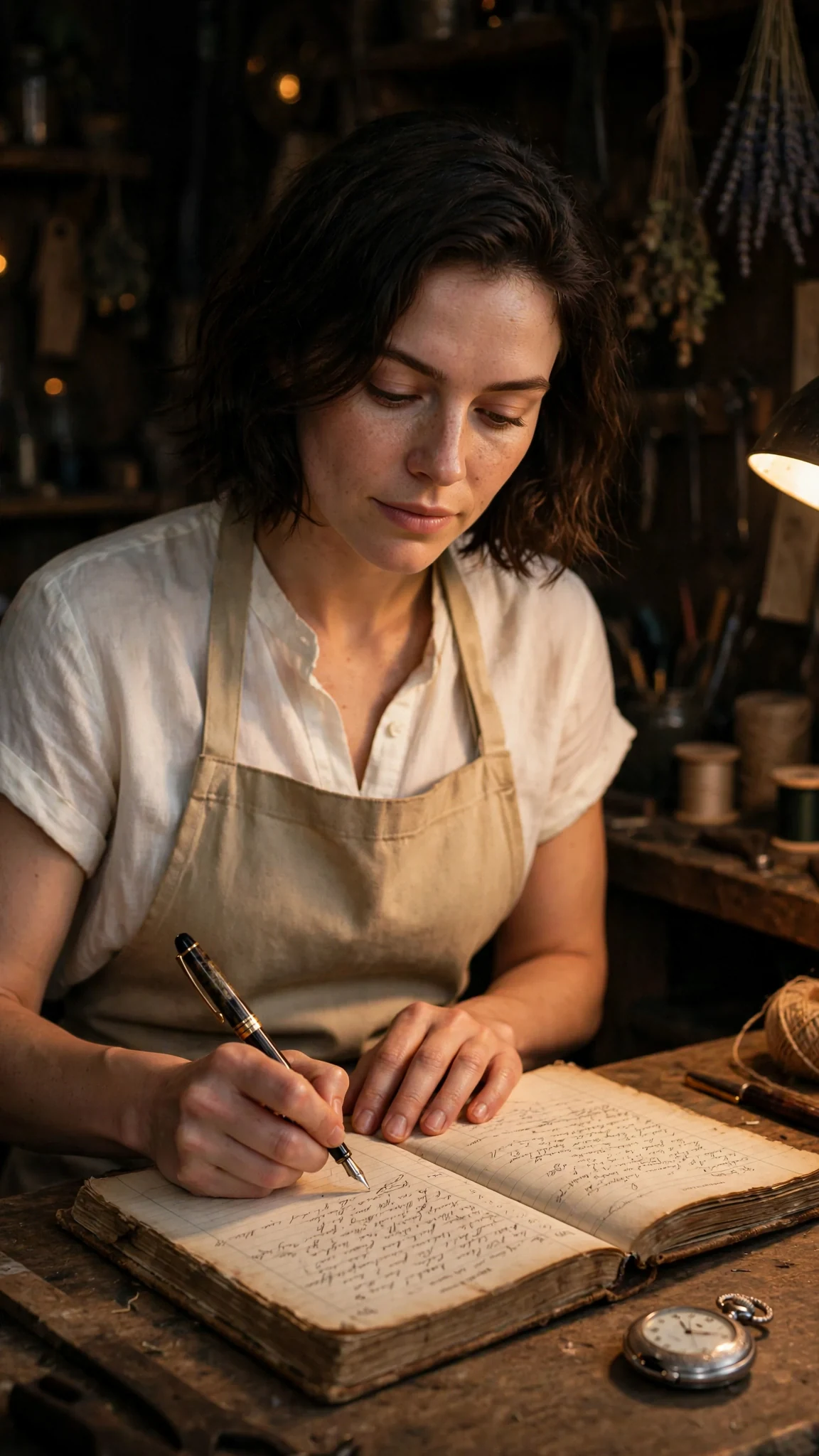 A woman writes in a cloth-bound ledger with a fountain pen at her bench.