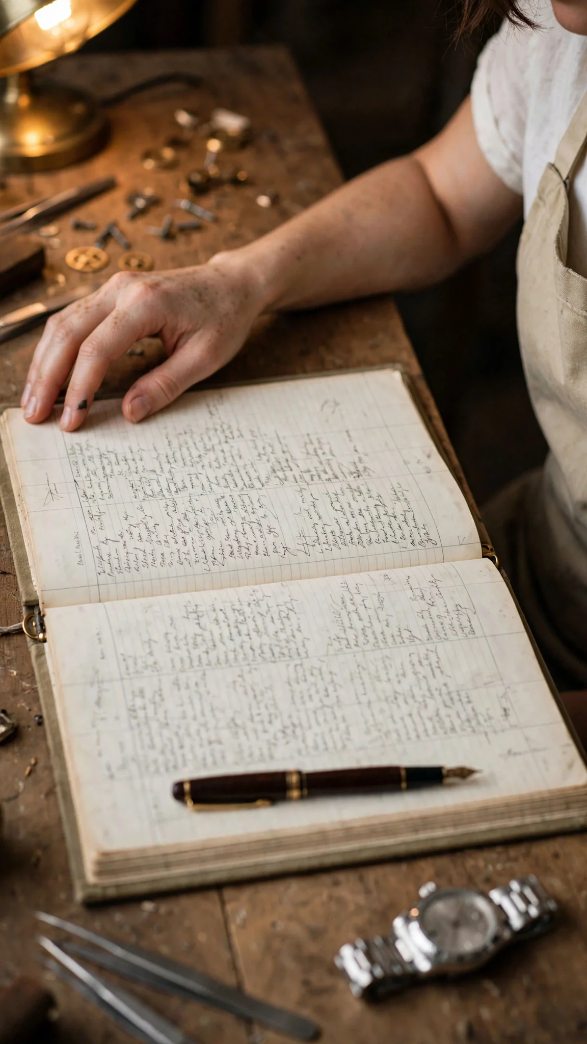 A page of handwritten watch repair notes with a name written at the bottom.