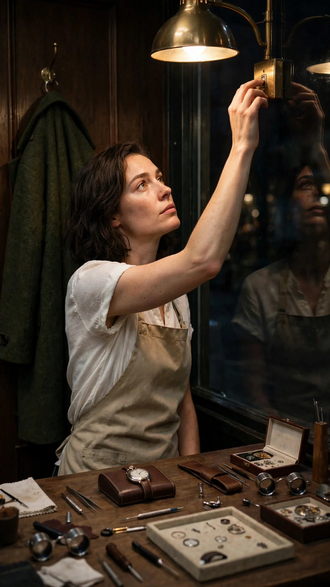 The watchmaker switches off the bench lamp in the dark shop, the green coat on its hook behind her.
