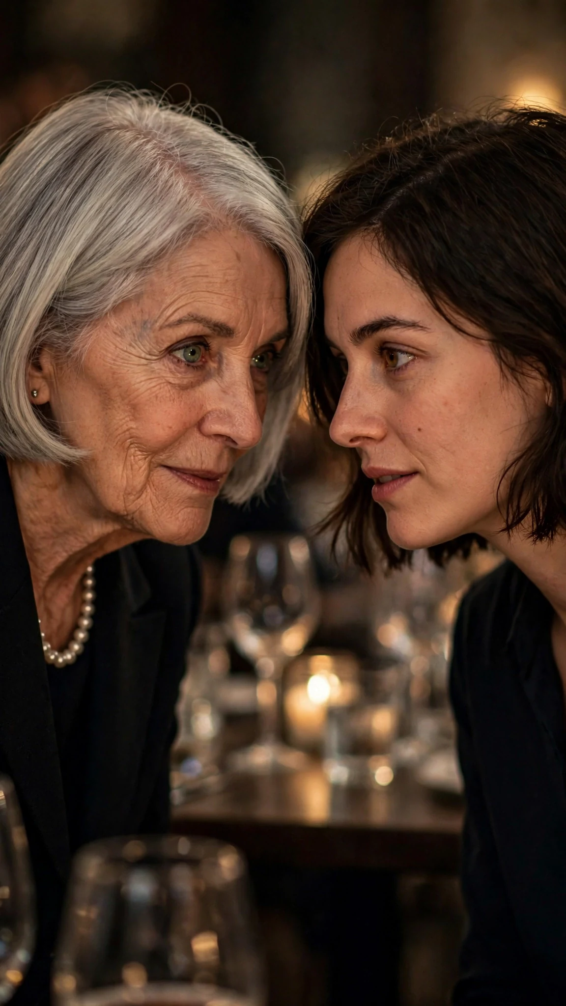 The older woman in pearls speaks quietly to Isla over her wine glass.
