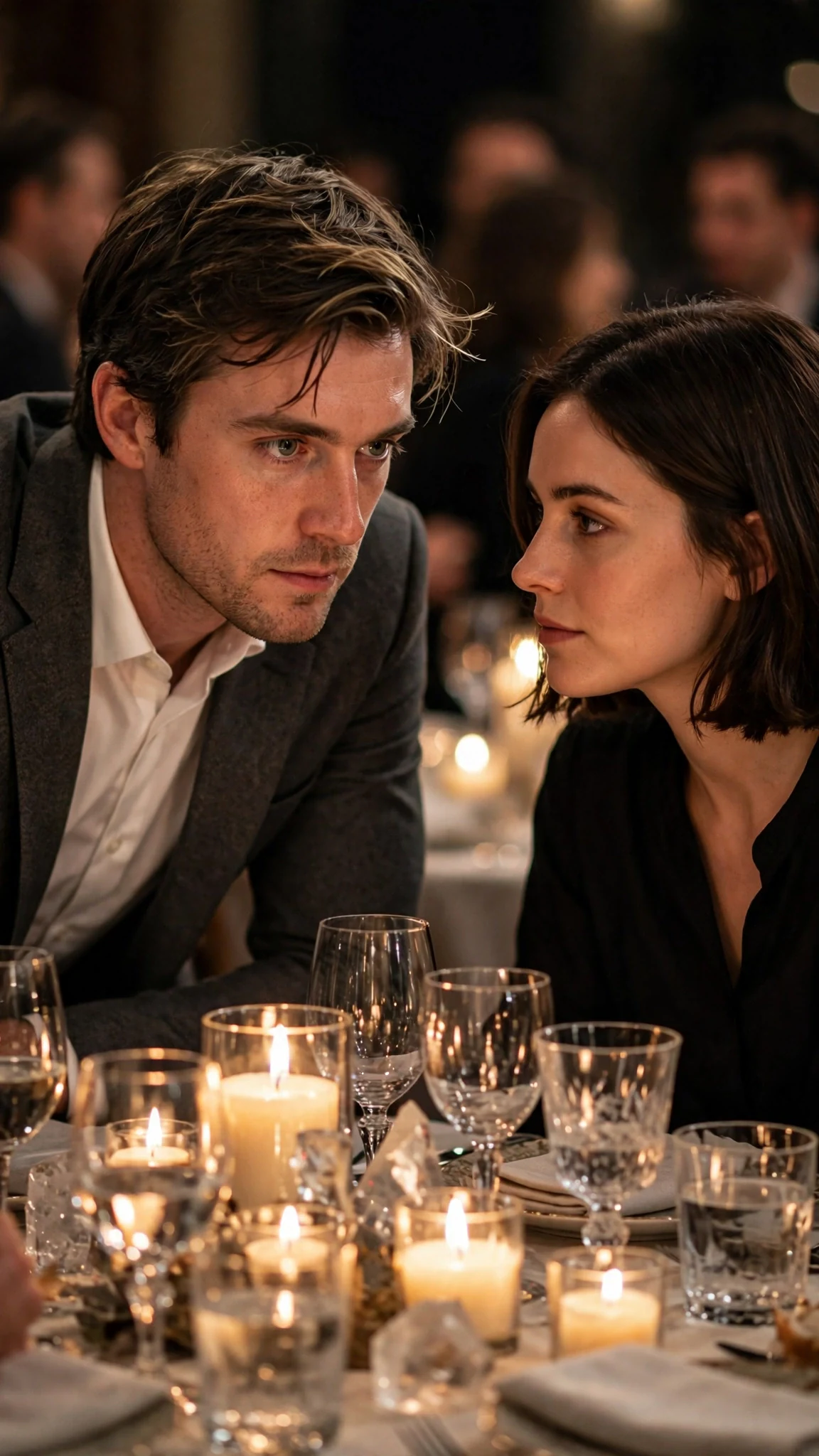 Declan leans in across the table and speaks to Isla in a low voice.